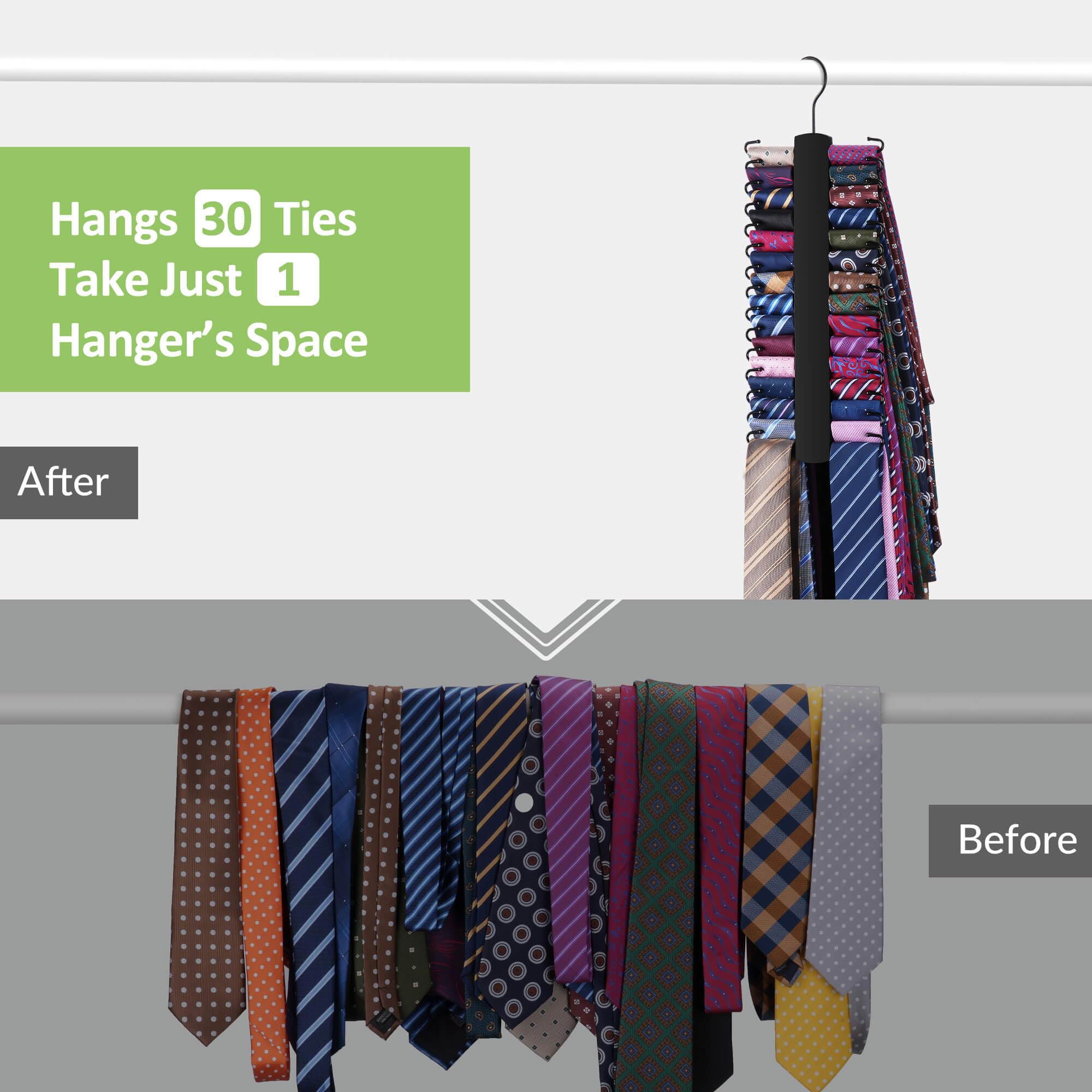 Upgraded Wooden Tie Rack Hanger with 30 Metal Hooks - Space Saving Necktie Organizer for Men's Closet - Large Capacity Sturdy Tie Holder for Office, Home & Travel - Black Closet Storage Organizer