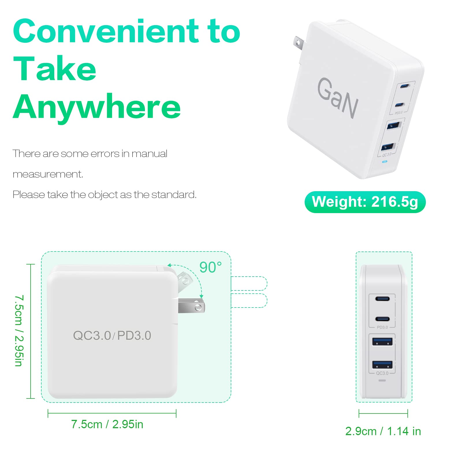 100W USB C Fast Charger PD 3.0 - 4 Port GaN Wall Charger for MacBook Pro/Air 2021, iPhone 15/14/13/12, iPad Pro, Galaxy S23/S22, Dell XPS - Compact & Powerful Charging Station for Home, Office & Travel (White)