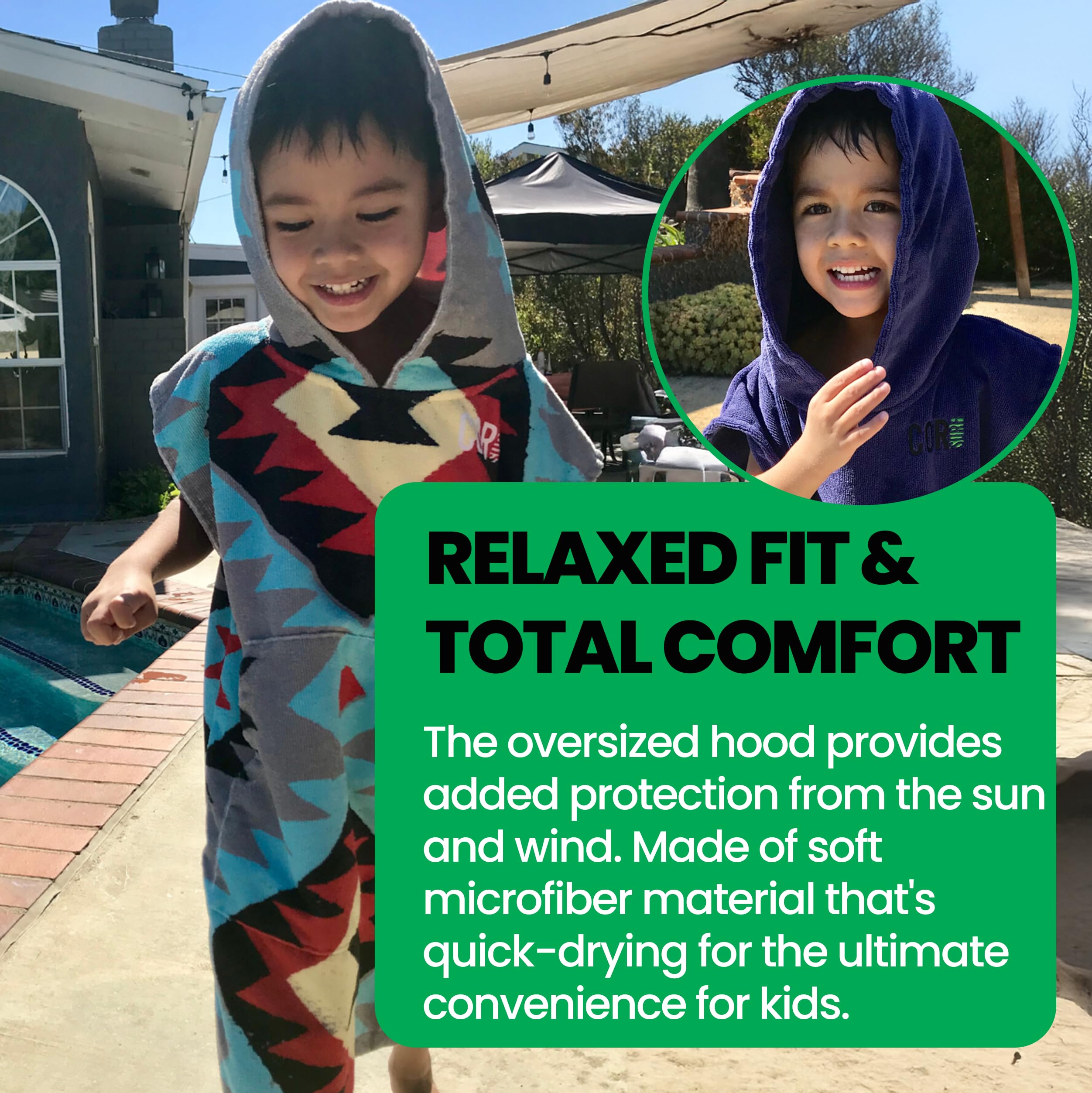 COR Surf Poncho Changing Towel Robe with Hood & Front Pocket for Kids - Quick Dry Beach Towel & Blanket for Swimming, Surfing, Camping & Outdoor Activities