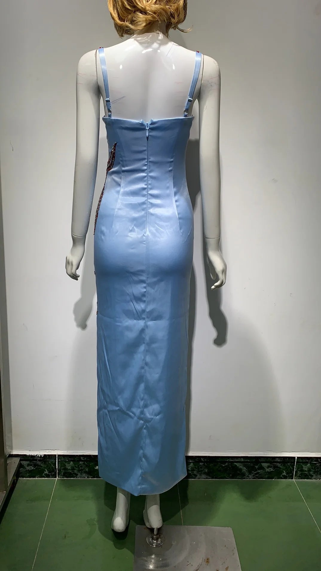 Blue Beaded Sequins Star Slim Sexy Spaghetti Strap Ruffle Dress for Night Club Party, Celebrity Events & Special Occasions - Elegant Designer Vestidos for Women