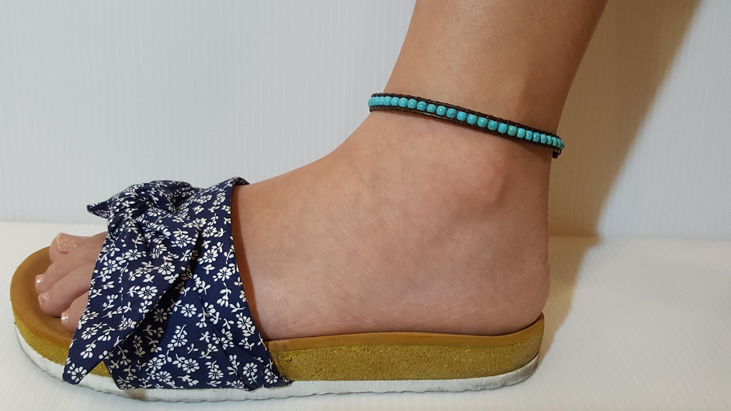 Handmade Turquoise Bead Anklet Bracelet - 10 Inch Bohemian Leather Cord Anklet for Men & Women | Hippie Unisex Jewelry Gift for Beach, Festival & Everyday Wear