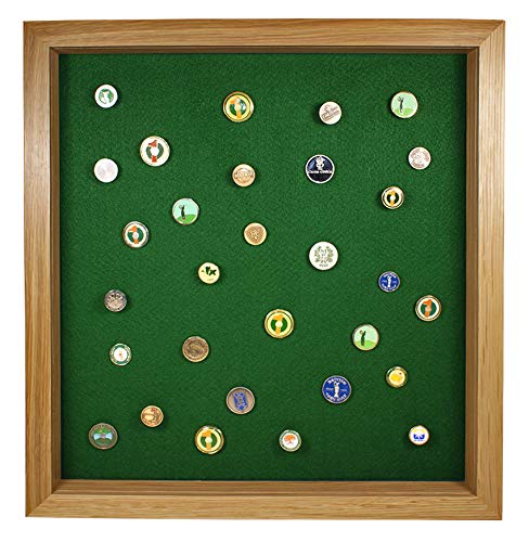 Premium Oak Golf Ball Marker Display Case with Acrylic Cover - Holds 100 Pegged or Flat Ball Markers - Wall Mounted Wooden Collector Case (15.5