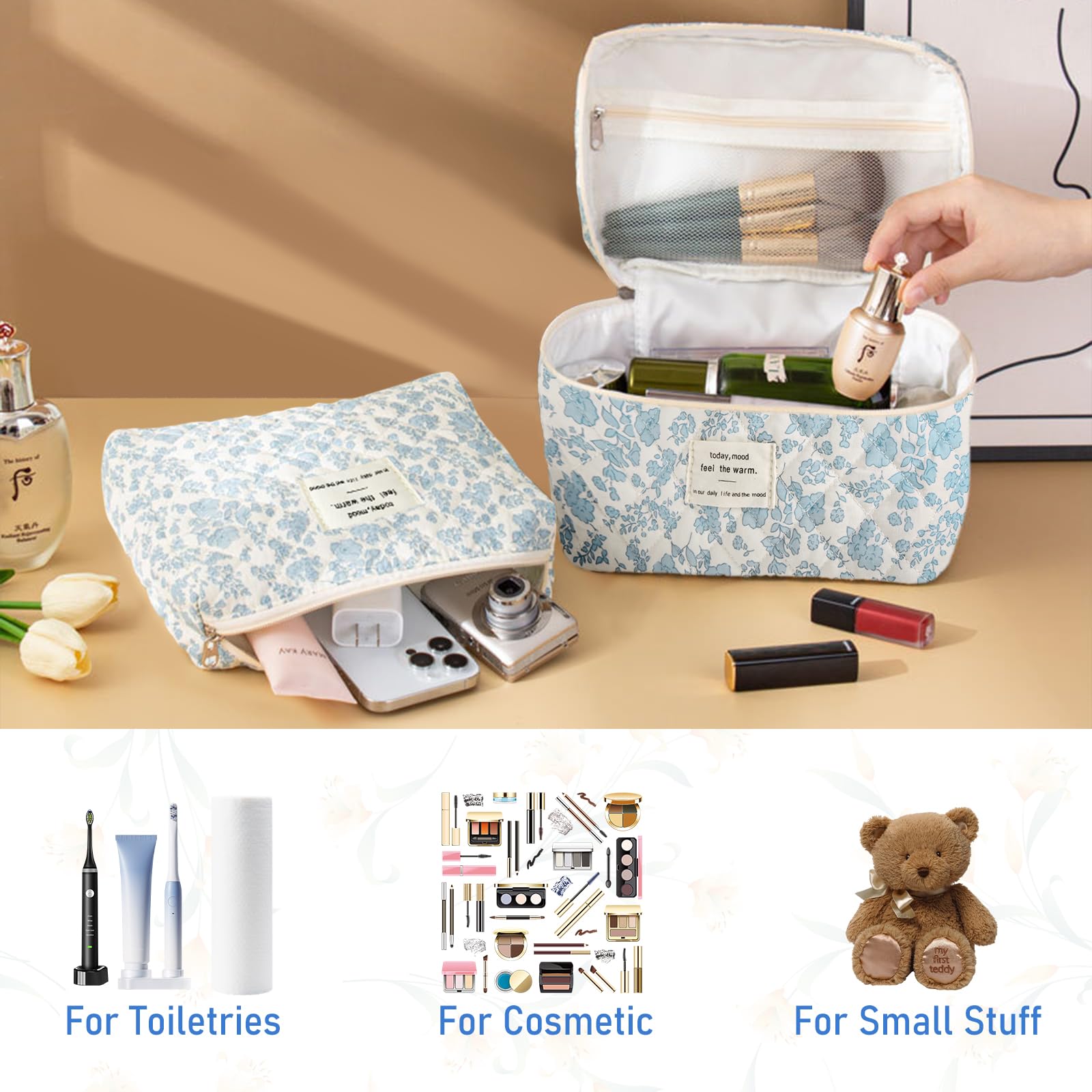 Large Floral Quilted Makeup Bag Set - Cute Cotton Cosmetic Organizer with Zipper, Travel Toiletry Pouch for Women & Teen Girls (Blue) - Perfect for Travel, Daily Use & Gift Giving