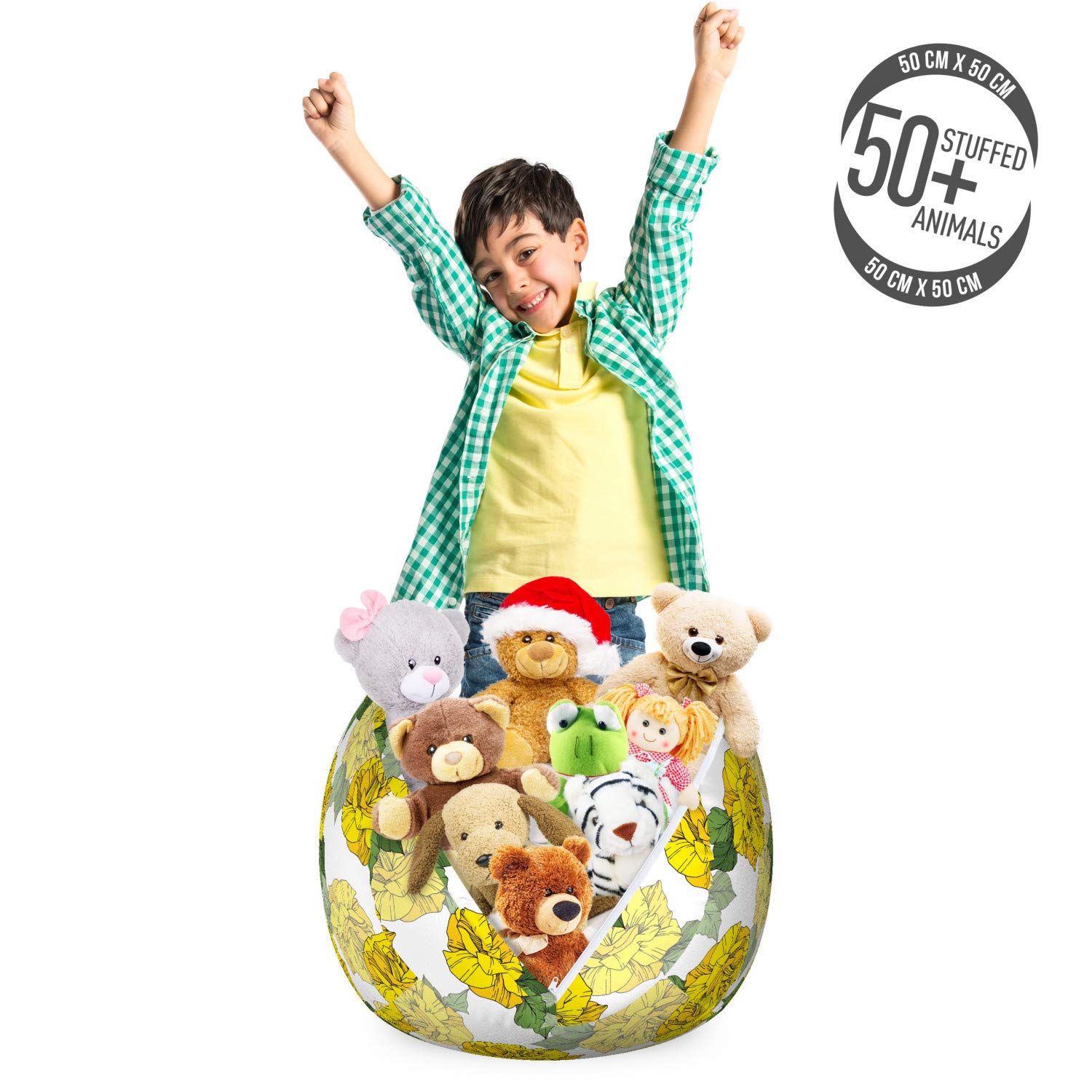 Ambesonne Floral Toy Storage Bag Chair - Spring Roses & Leaves Design, Washable Stuffed Animal Organizer, Small Size in Mustard Green & White | Perfect for Kids' Room, Nursery, Playroom & Home Organization