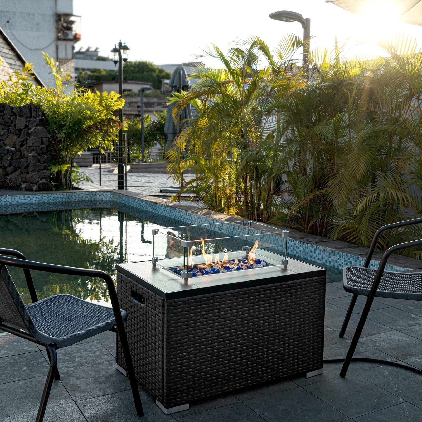 GASPRO 17.5 Inch Square Fire Pit Wind Guard with 10LB High Luster Bahama Blend Fire Glass - Outdoor Patio Fireplace Accessory for Backyard, Garden & Camping