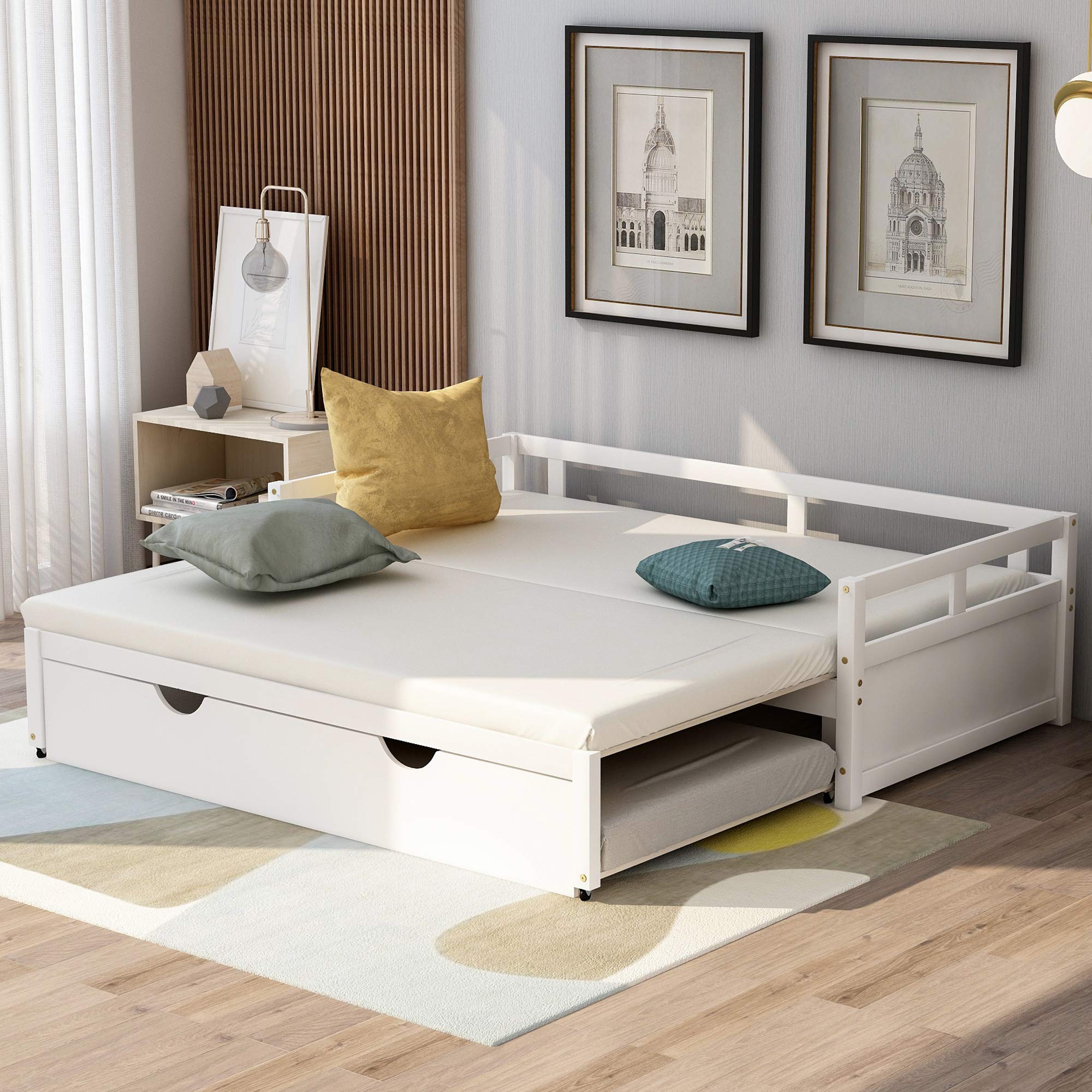 **White Extendable Daybed with Trundle - Wooden Sofa Bed for Bedroom & Living Room, No Box Spring Needed, Kids & Guest Bed - Perfect for Small Spaces, Sleepovers & Multi-Functional Furniture**