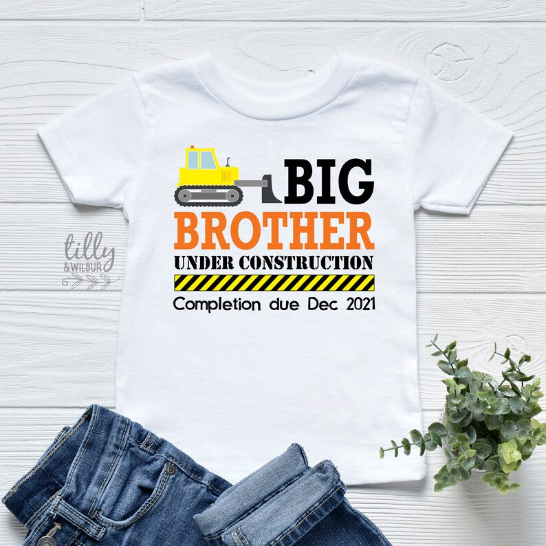 Big Brother Under Construction T-Shirt - Customizable with Completion Date - Perfect for Baby Showers, Gender Reveals & Newborn Announcements