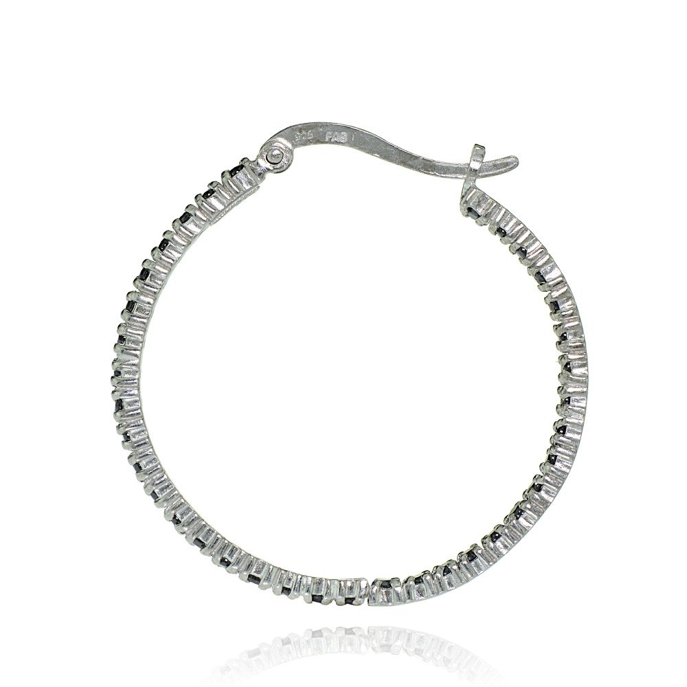 30mm Sterling Silver Black Cubic Zirconia Inside Out Round Hoop Earrings for Women - Perfect for Parties, Weddings & Everyday Wear