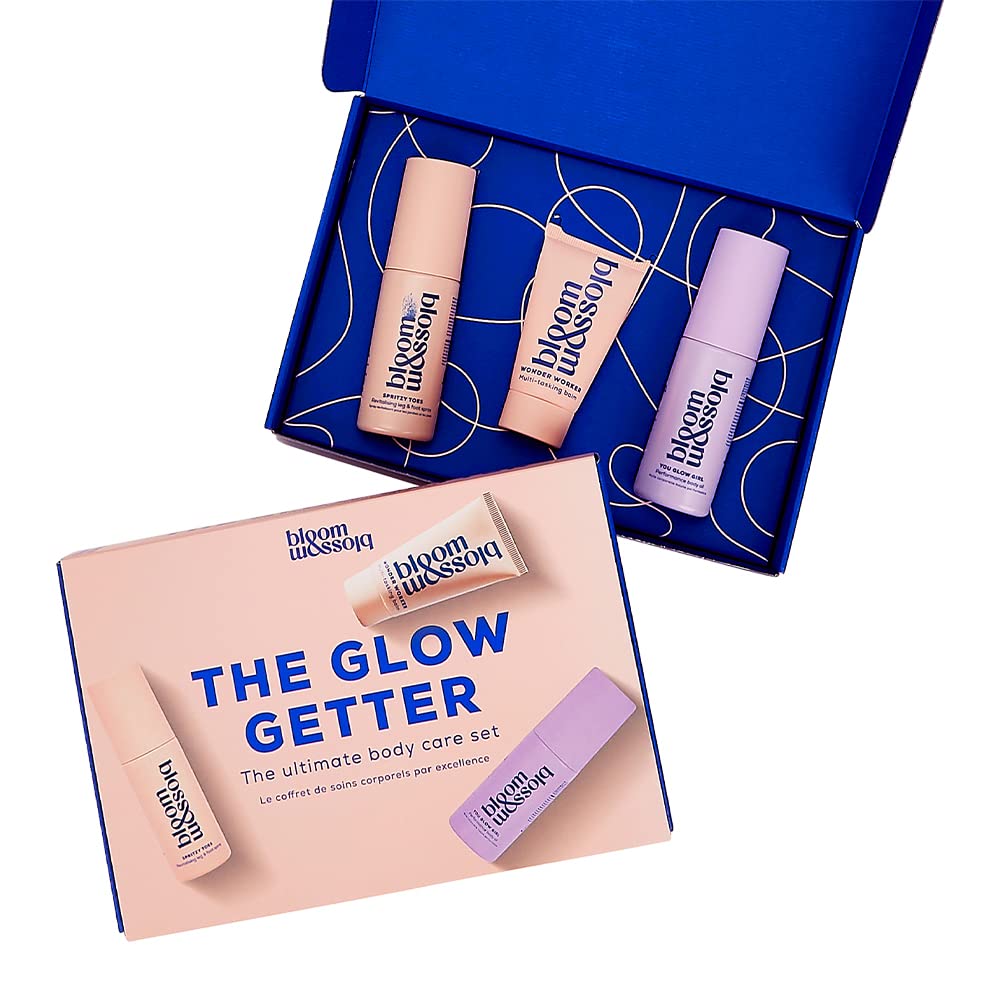 Bloom and Blossom Glow Getter Body Care Gift Set - Revitalizing Foot Spray, Multi-Tasking Balm, Hydrating Body Oil & Shower Oil - Complete Skincare Set for Full Body Care - Perfect for Spa Day, Self-Care Routine & Gift Giving