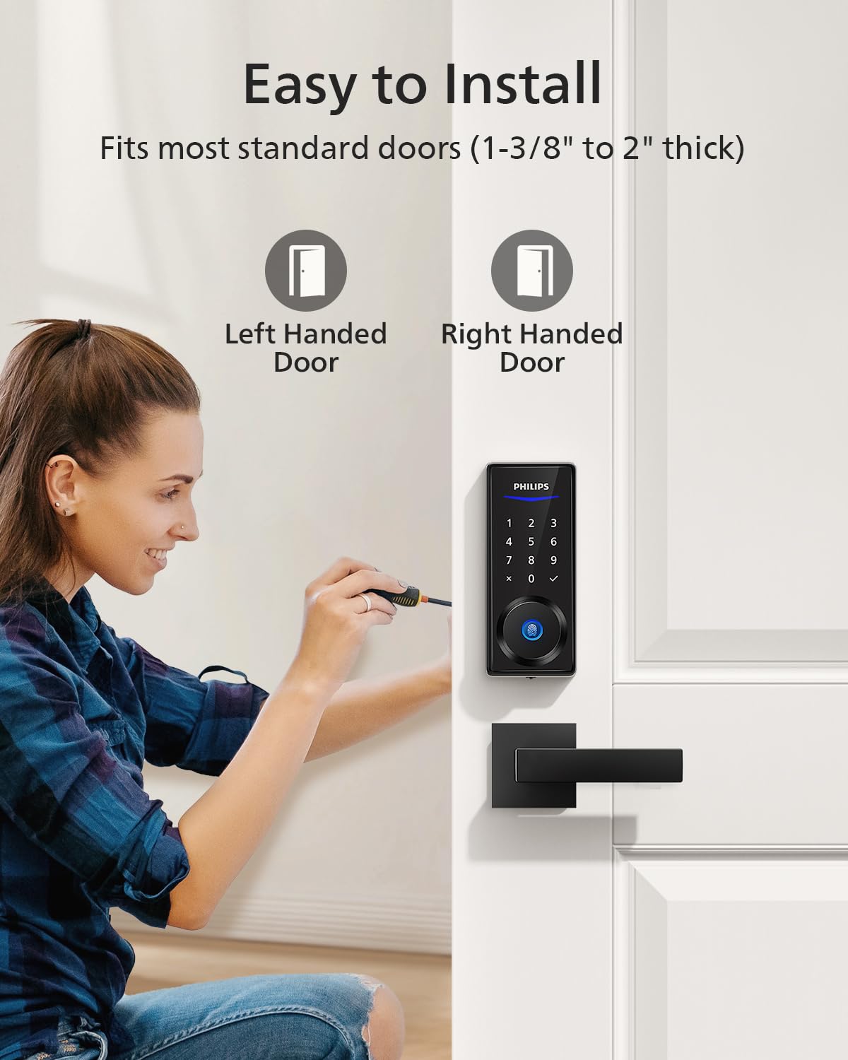 Philips Smart Fingerprint Door Lock Set - Keyless Entry with 2 Lever Handles, Auto Locking, Touchscreen Keypad & Backup Key - Secure Electronic Front Door Lock for Homes & Apartments - Perfect for Modern Smart Home Security & Convenient Keyless Access