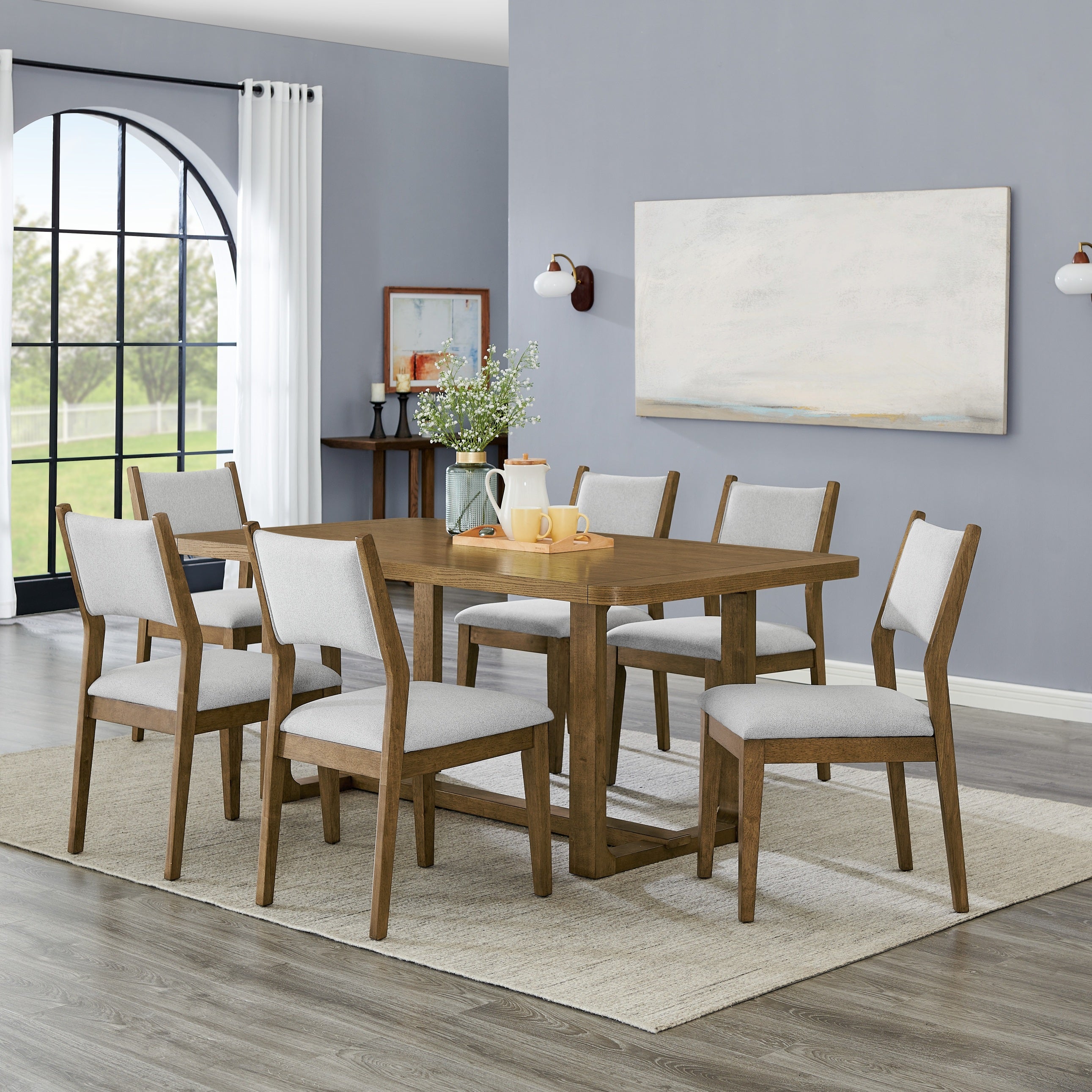 Roundhill Furniture Parker 7-Piece Dining Set - Light Oak Trestle Table with 6 Upholstered Chairs | Perfect for Family Dinners, Entertaining Guests & Kitchen Dining Rooms