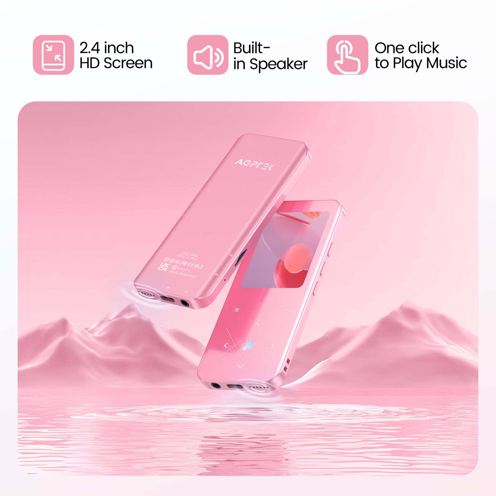 AGPTEK Pink MP3 Player with Bluetooth 5.3, 32GB Storage, Built-in Speaker, FM Radio & Voice Recorder - Portable Music Player for Running, Gym Workouts, Travel & Everyday Use