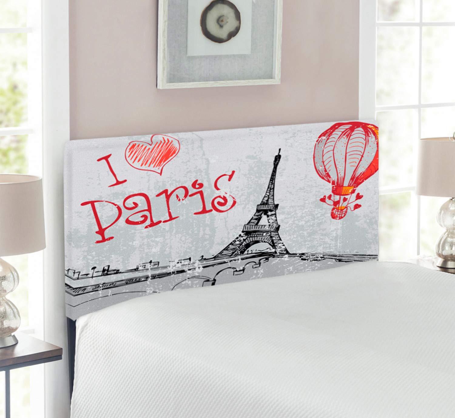 Ambesonne Paris Romance Hot Air Balloon Headboard - Twin Size Upholstered Metal Bed Frame with Memory Foam | Heart Doodle Print in Red, Black & Grey | Perfect for Romantic Bedrooms & Paris-Themed Decor