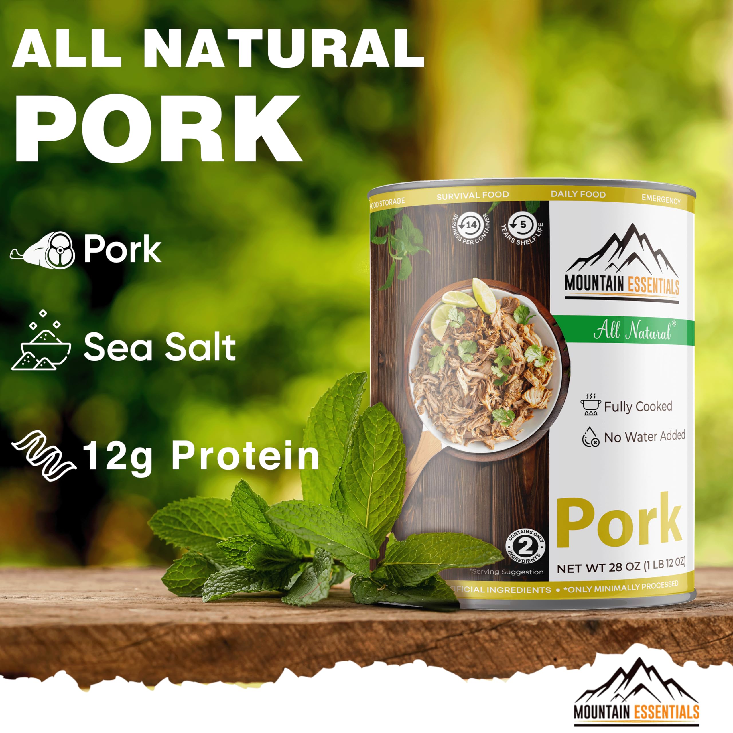 MOUNTAIN ESSENTIALS All Natural Canned Pork 28 Oz - Fully Cooked Ready to Eat Premium Meat for Emergency Survival, Backpacking & Camping | Shelf Stable Food Storage | Great for Meal Prep & Outdoor Adventures | Pack of 6