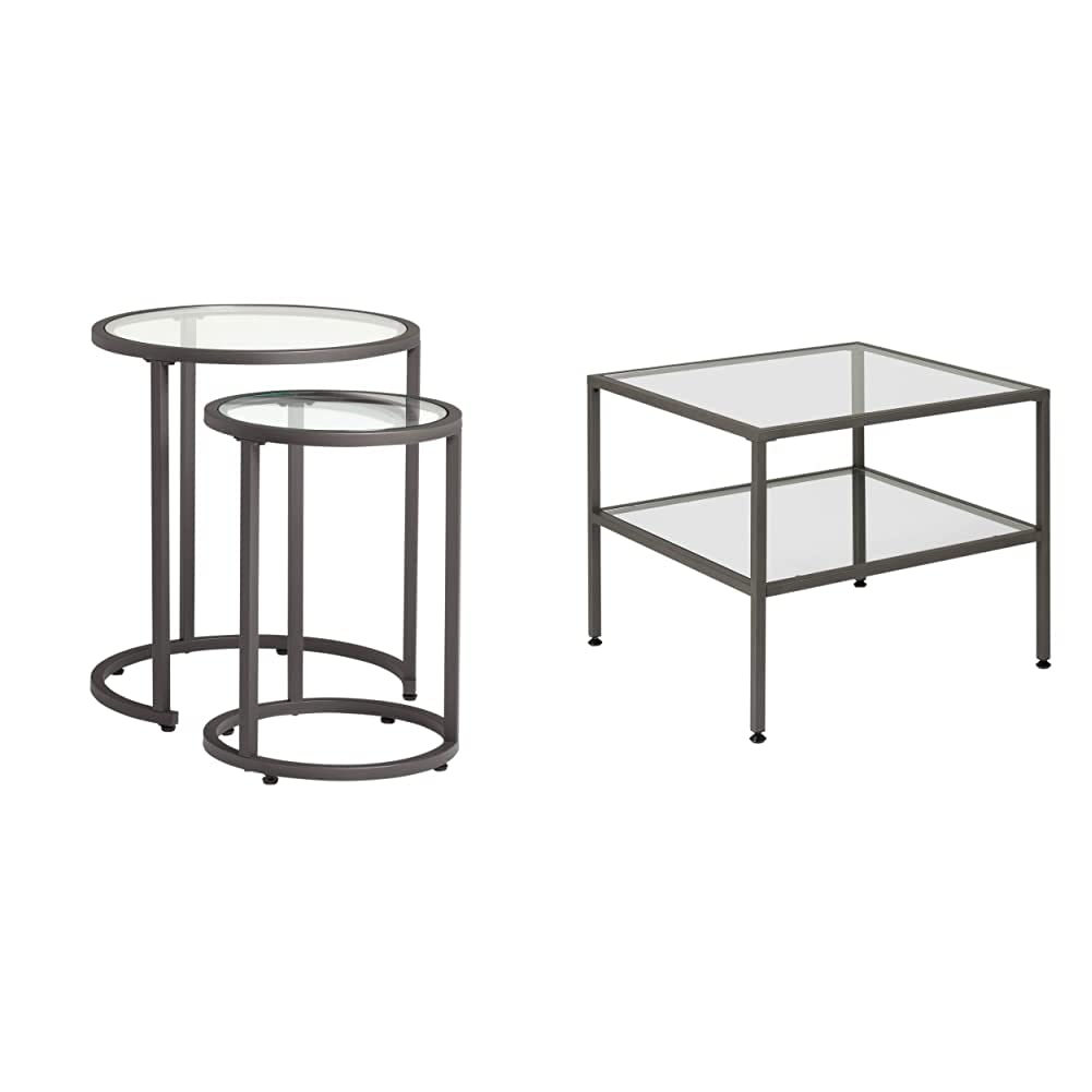 Studio Designs Camber Nesting Tables - Set of 3 Metal and Glass Side Tables with One Shelf End Table in Pewter & Clear Glass | Modern Living Room, Bedroom, or Office Accent Furniture for Small Spaces