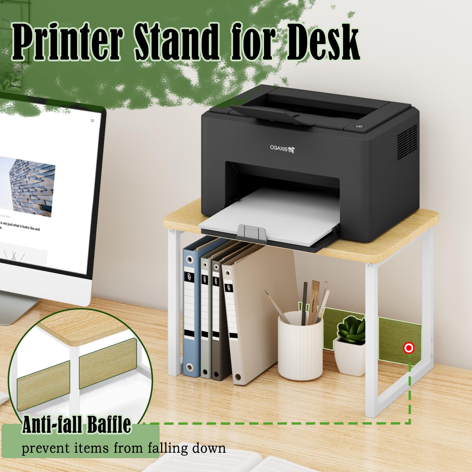 Heavy Duty Maple Printer Stand with Storage Shelf - Under Desk Organizer for Home & Office - Perfect for Fax Machine, Copier, Scanner - Space Saving Desktop Solution for Small Printers