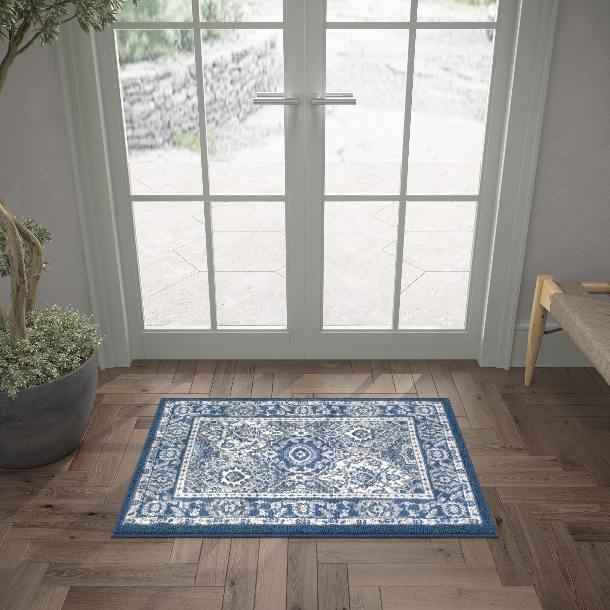 Navy 2x3 Entry Rug - Non-Slip Indoor Front Door Mat - Small Area Rug for Kitchen & Bathroom - Modern Contemporary Carpet - Perfect for High Traffic Areas & Home Decor