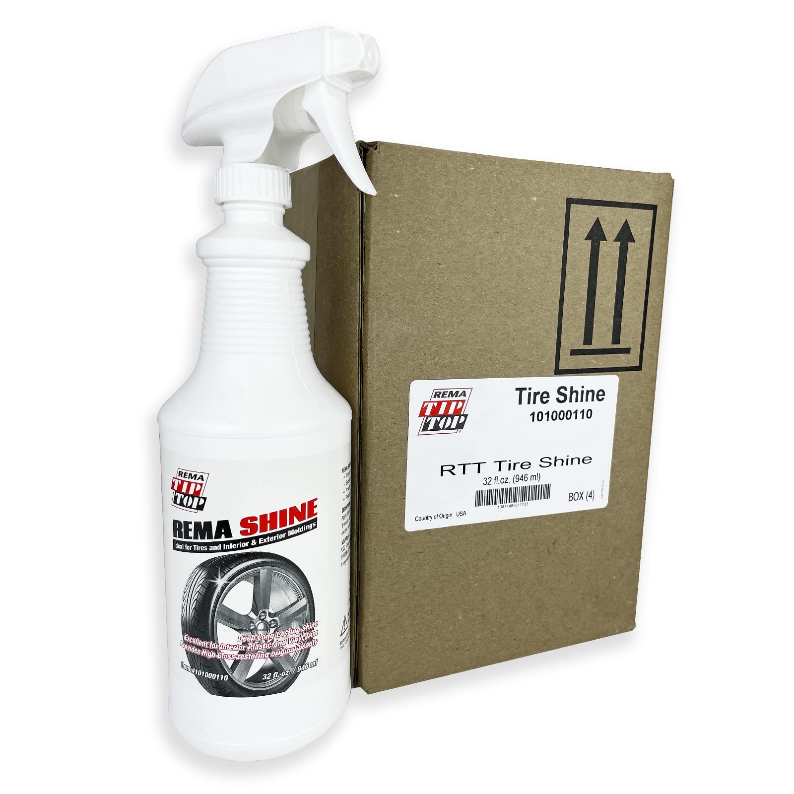 4 Pack Rema Shine 32oz Tire Shine Spray - Water-Based Silicone Tire Dressing for Cars, Trucks & Motorcycles - UV Protection & Long-Lasting Shine - Perfect for Car Detailing, Auto Shows & Daily Maintenance