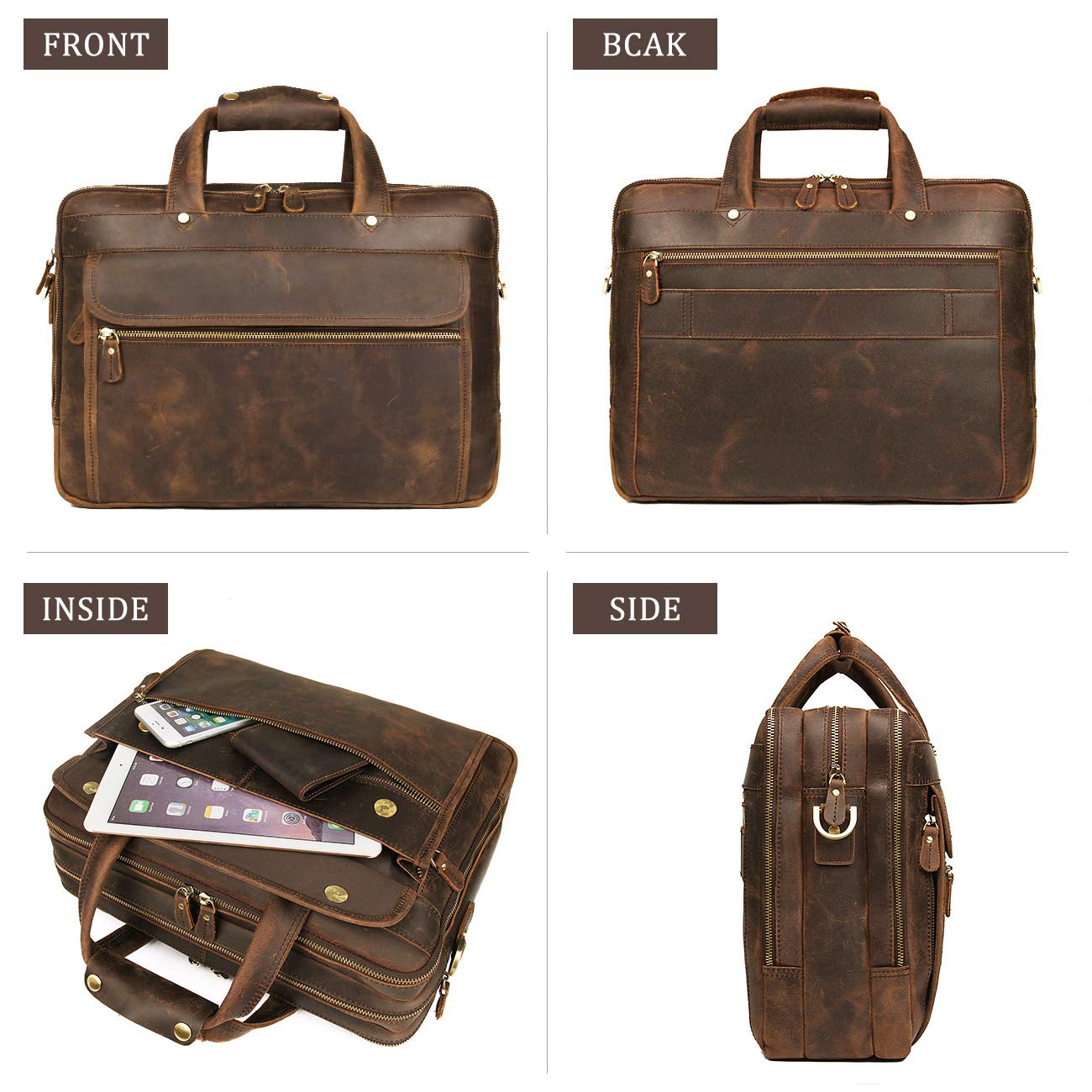 Augus Genuine Leather Briefcase for Men - Professional Business Travel Messenger Bag with YKK Metal Zipper - Fits 15.6 Inch Laptop - Brown - Perfect for Office, Commuting and Business Trips