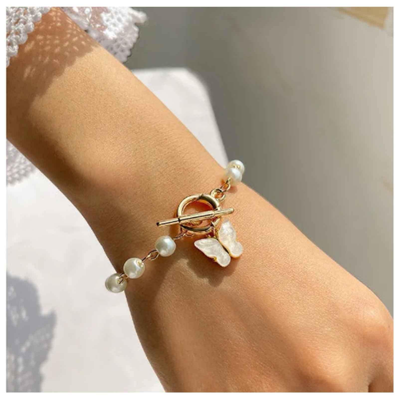 Bohemian Butterfly Dangle Bracelet - Gold Toggle Bar Charm Bracelet with Pearls for Women | Vintage Hand Chain Jewelry for Boho Party, Wedding & Everyday Wear