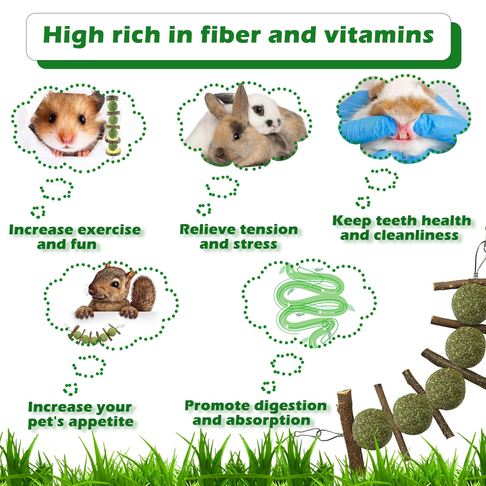Organic Apple Wood Bunny Chew Toys for Teeth Grinding - 3 Pack Hanging Rabbit Toys with Grass Cake Treats - Safe for Rabbits, Guinea Pigs, Chinchillas, Hamsters, Gerbils & Rats - Perfect for Cage Enrichment & Dental Health