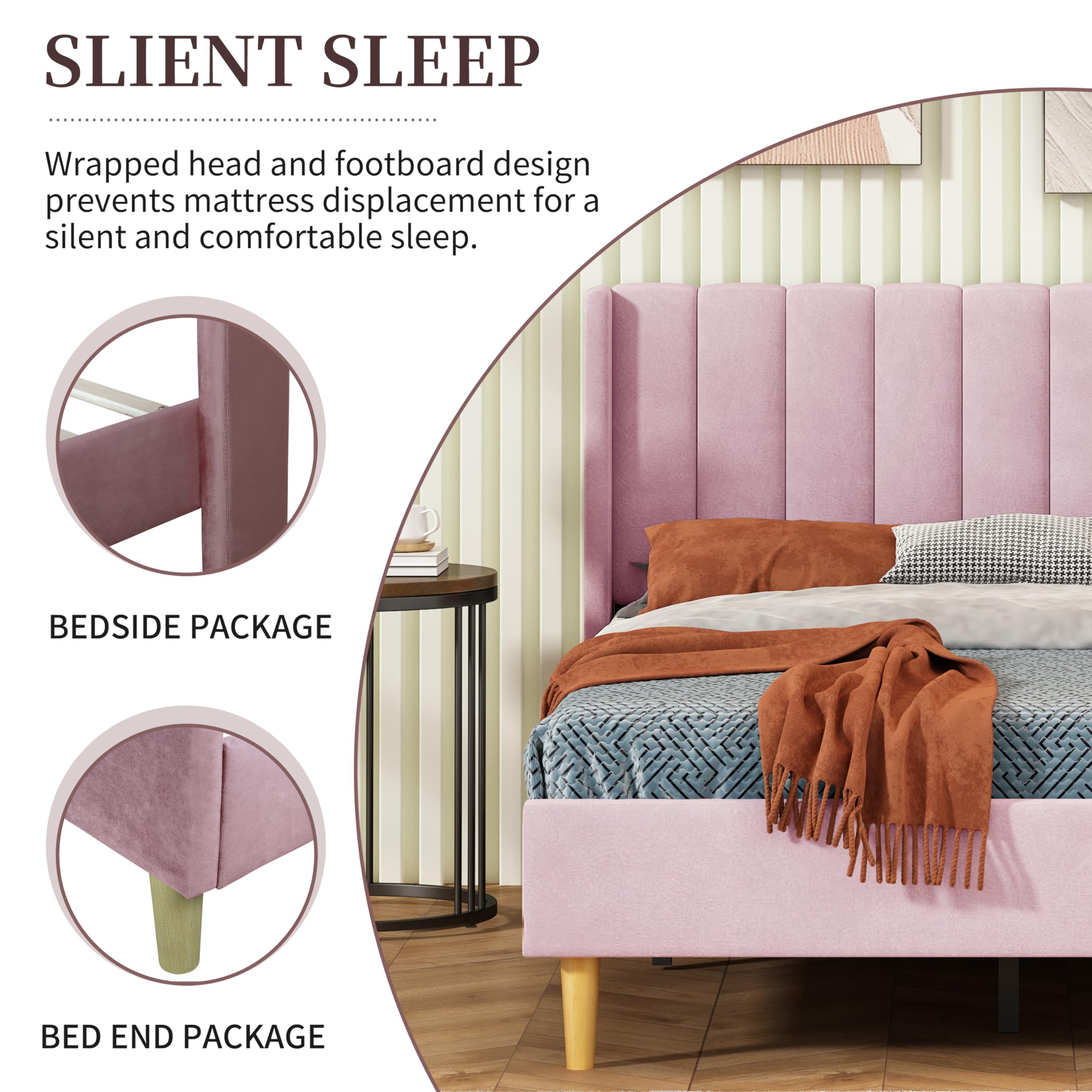 Pink Upholstered Platform Bed Frame - Full Size, No Box Spring Needed for Bedroom