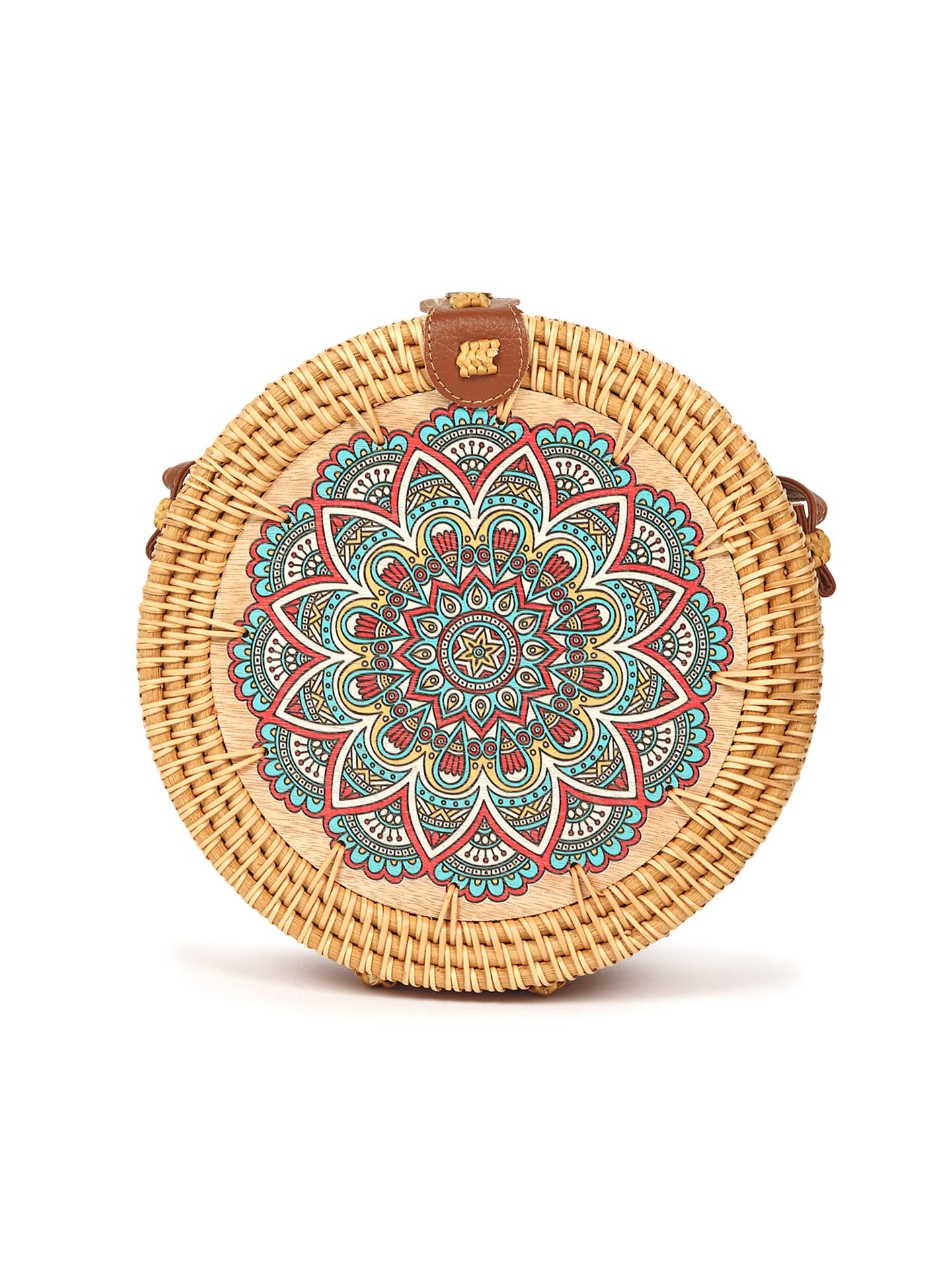 Habere India Handmade Rattan Sling Bag - Bohemian Beach Tote with Mandala Design | Eco-Friendly Woven Bali Bag for Women | Perfect for Travel, Vacation & Festival Use