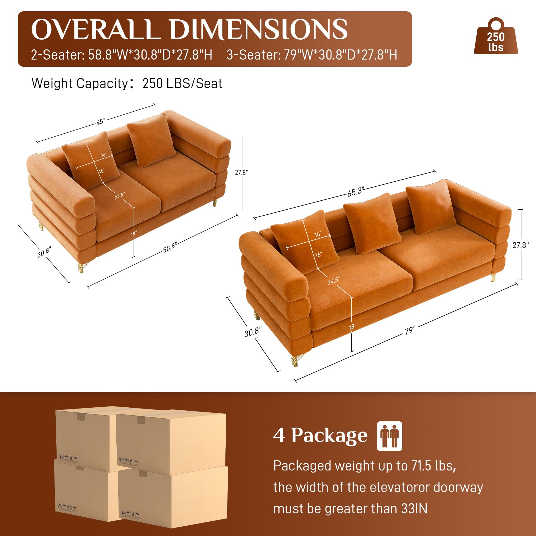 Modern Velvet Sofa and Loveseat Set - Overstuffed Deep Seat Cloud Couch with 5 Pillows, Oversized Chesterfield Furniture for Living Room & Bedroom (Orange) - Perfect for Small Spaces, Apartments and Cozy Home Decor