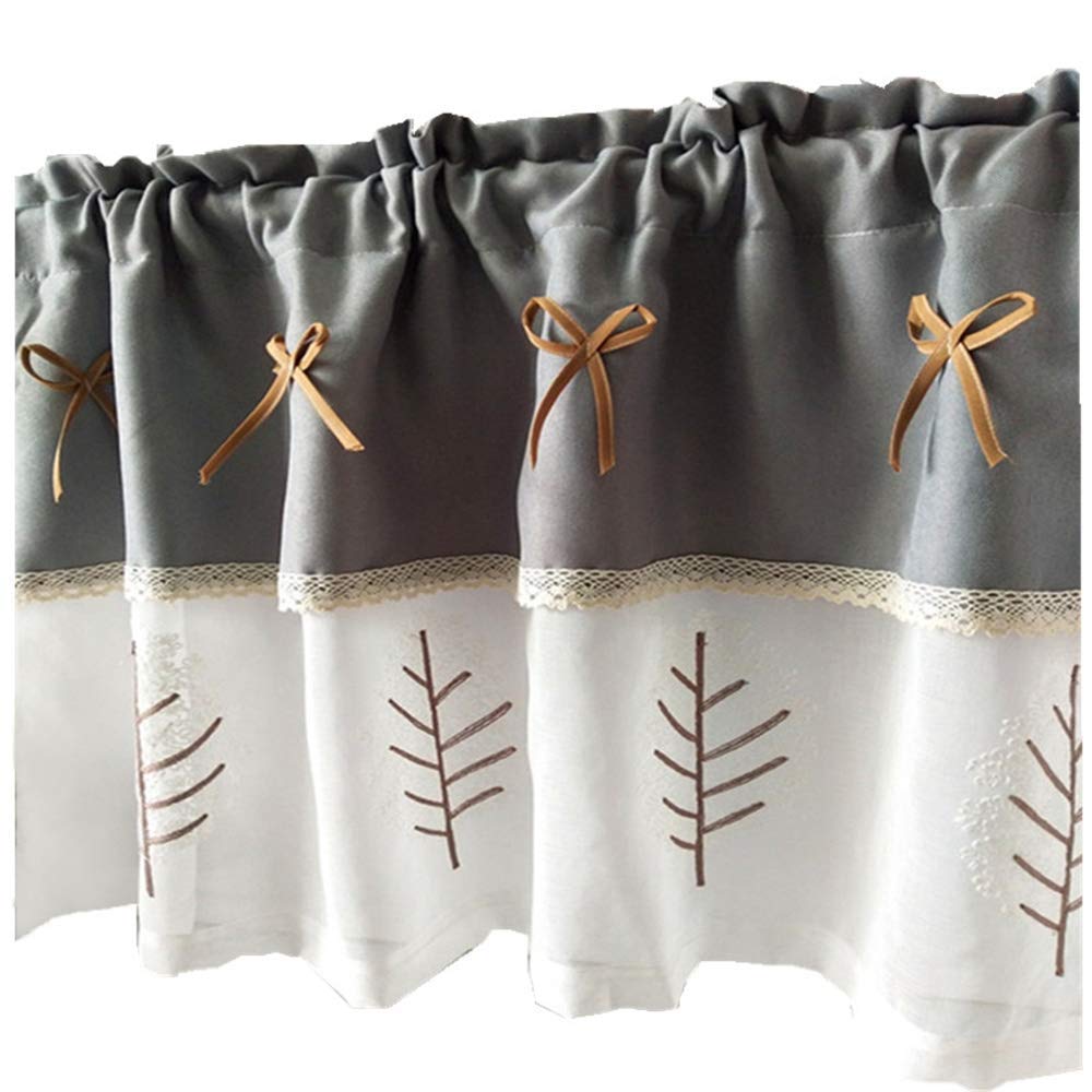 XBSXP Half Kitchen Curtain - Linen Voile Cafe Curtain with Bowknot for Small Windows in Kitchen, Bathroom or Living Room - Lightweight Tier Curtain with Lace Trim for Privacy & Decoration