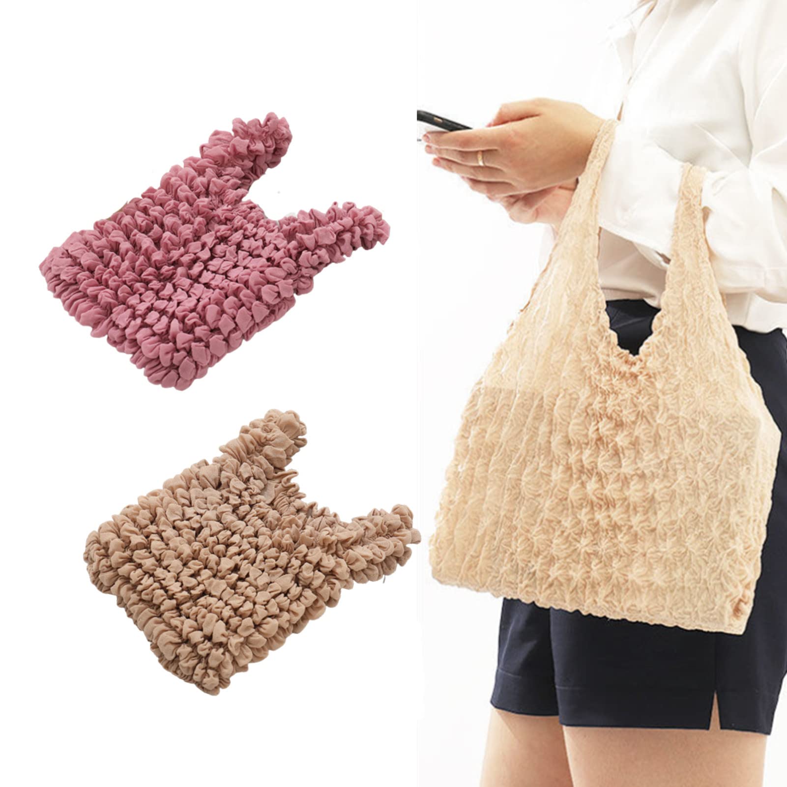 THFS Magic Stretch Bag Pleated Reusable Cotton Mesh Grocery Bags - 2 Pack Cute Solid Color Bubble Flower Shopping Tote for Supermarket, Farmers Market & Beach (2PCS-B)