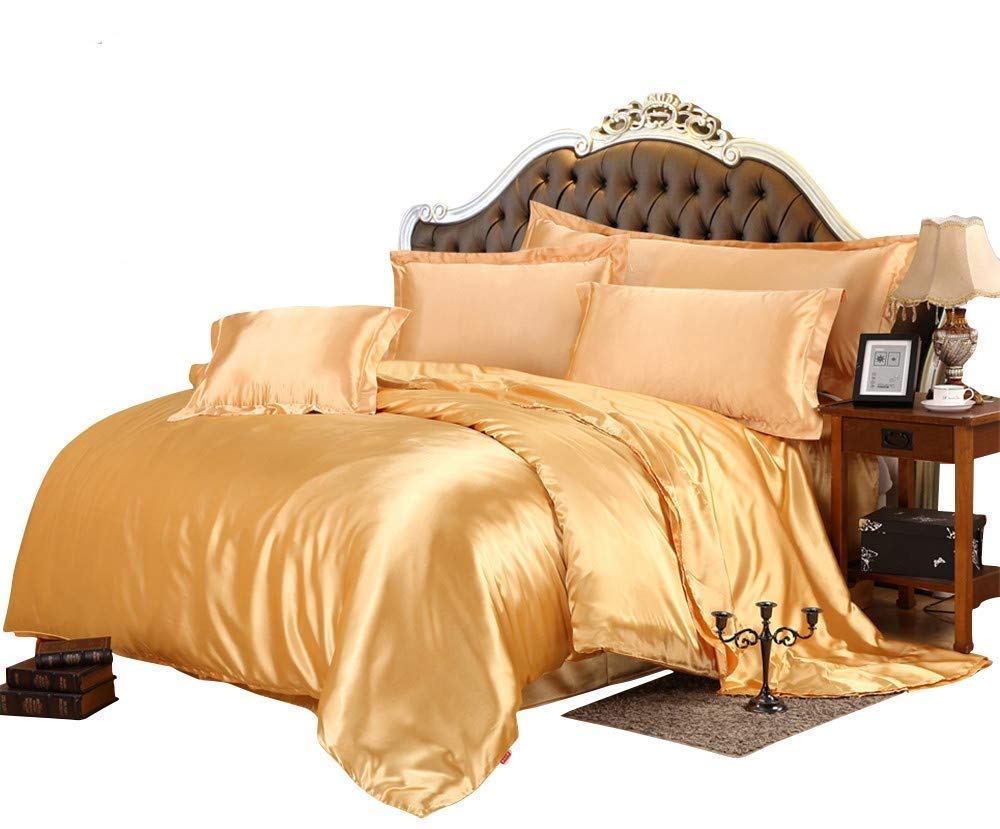 Luxury 7-Piece Satin Twin Comforter Set - 500 GSM Gold Duvet Insert with Sheets (Comforter + Flat Sheet + Fitted Sheet + 4 Pillowcases) - Soft Bedding for Guest Rooms, Dorms & Cozy Bedrooms