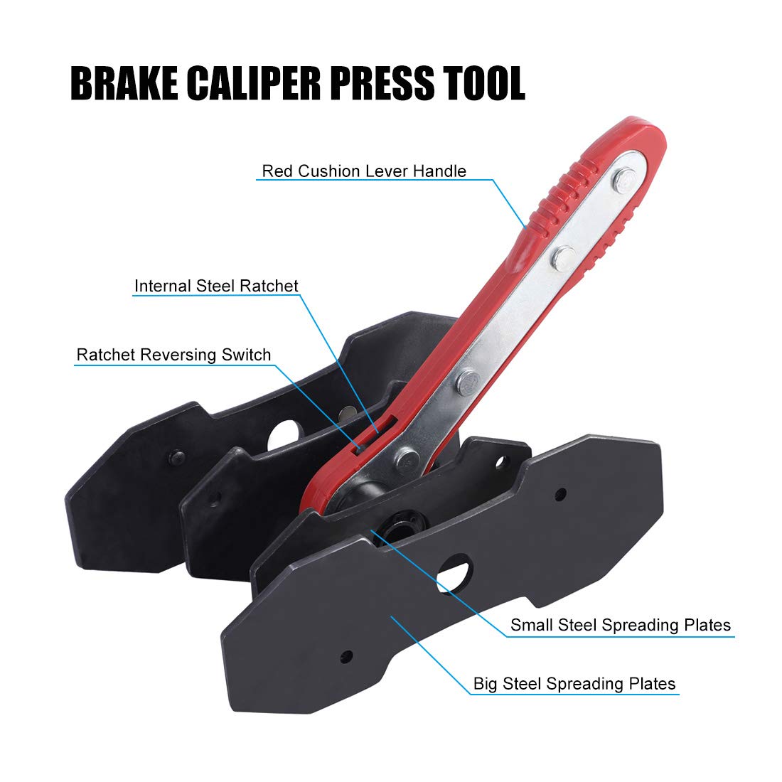 JIFETOR 360 Degree Swing Ratchet Brake Caliper Press Tool - Car Wheel Piston Spreader with 2 Extra Large Plates for Single/Twin/Quad/Sextuplet Piston Disc Brakes (Red) - Perfect for DIY Auto Repair & Professional Mechanic Use