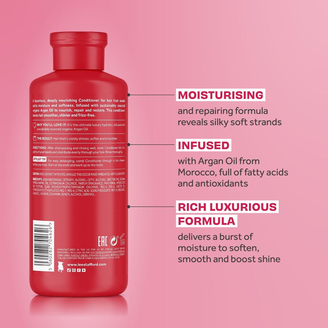 Lee Stafford Argan Oil Moisturizing Conditioner for Dry, Damaged Hair – Salon-Grade Hydration & Repair, Detangles & Restores Split Ends, 250ml | Perfect for Daily Hair Care & Salon-Like Shine at Home