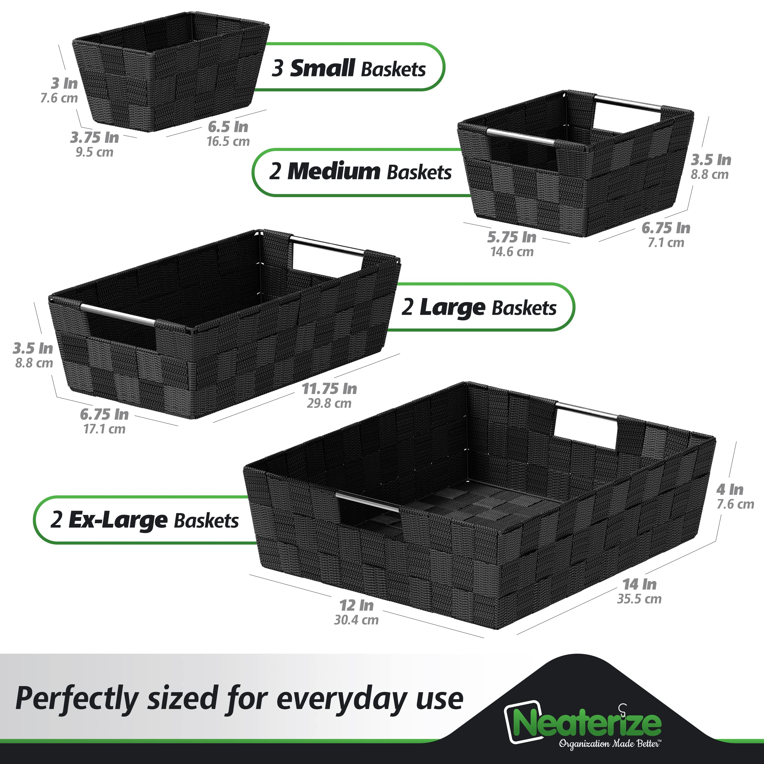 NEATERIZE Closet Organizer Baskets - Set of 9 Black Storage Bins for Laundry, Baby Clothes, Nursery, Linen Closet & Pantry Organization | Perfect for Shelves, Drawers & Home Storage Solutions