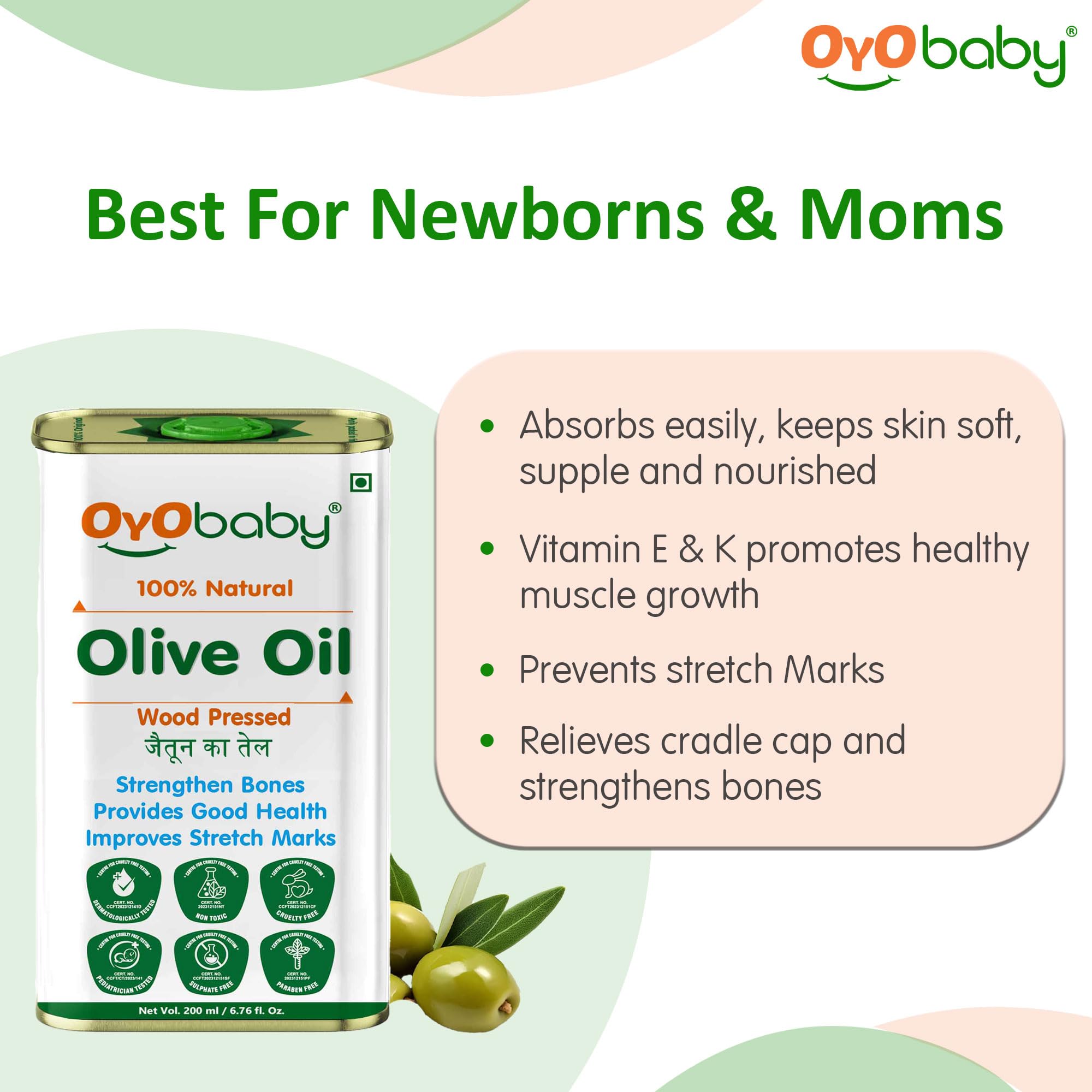 OYO BABY 100% Pure Natural Olive Massage Oil for Babies - 200ml | Wood Pressed Baby Hair Oil | Promotes Stronger Bones & Muscle Growth | Ideal for Infant Massage, Skin Hydration & Hair Care
