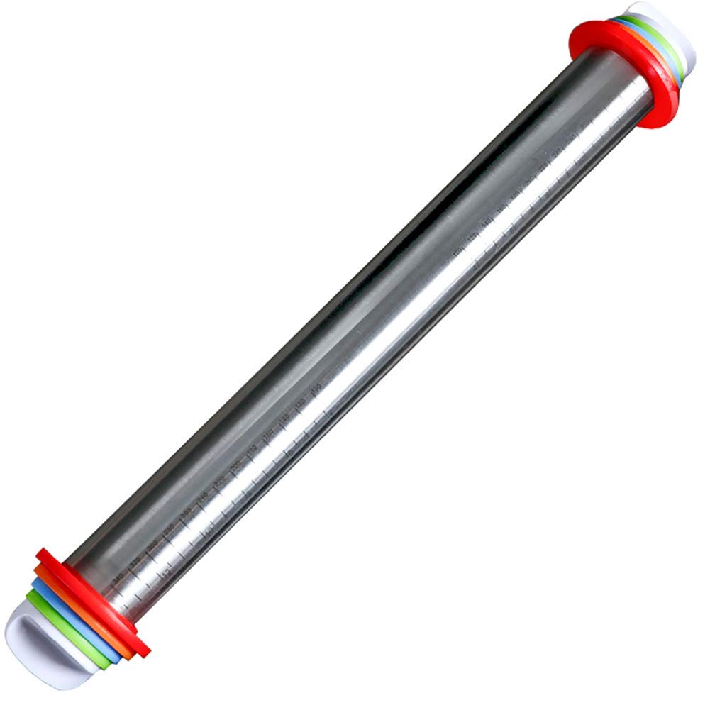 Stainless Steel Rolling Pin with 4 Adjustable Discs & Measurement Marking - 43.5cm Baking Tool for Pastry, Cookies, Dough, Pizza, Dumplings & Noodles - Perfect for Home Baking and Professional Kitchen Use