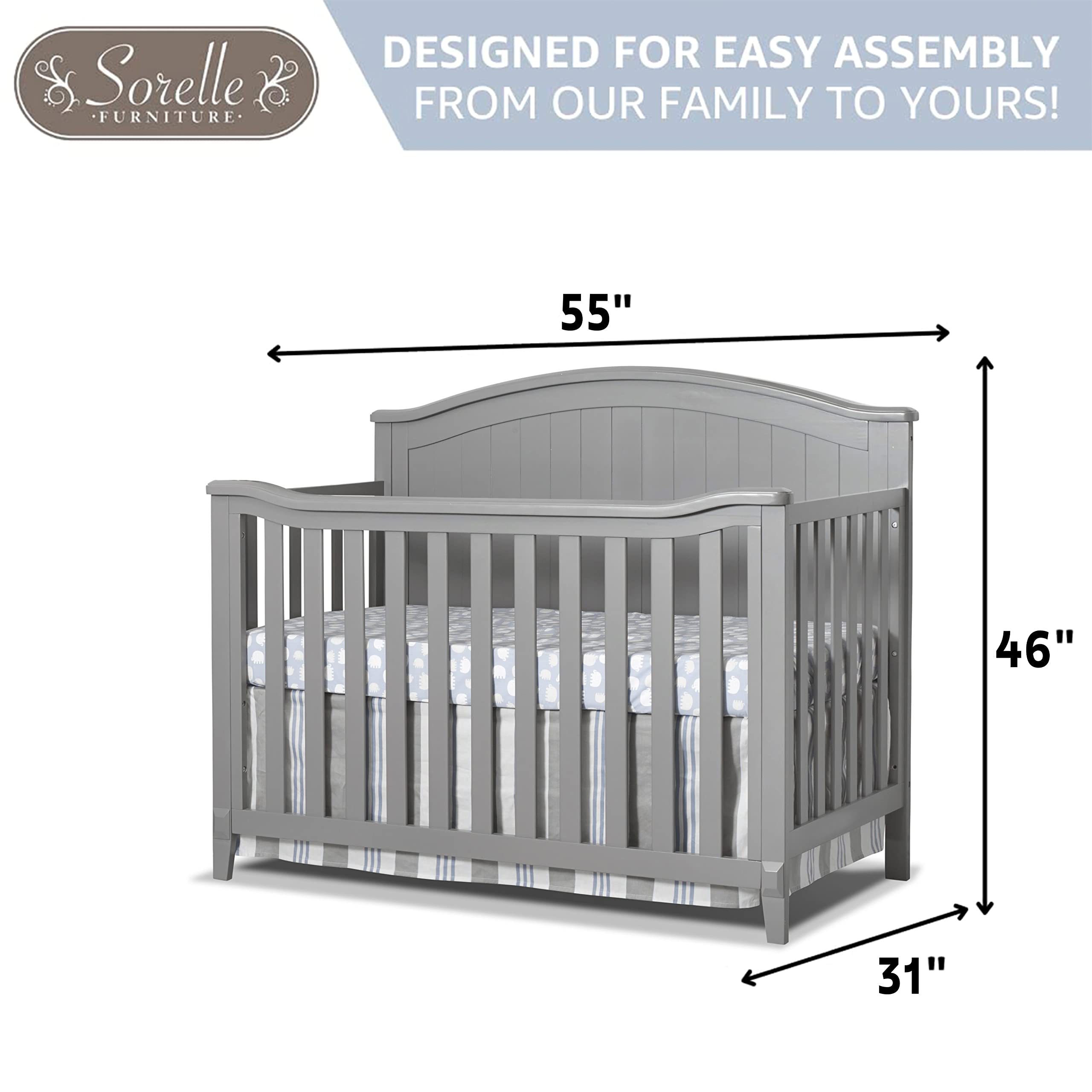 Sorelle Fairview 4-in-1 Convertible Wooden Crib - Non-Toxic Finish Baby Bed to Toddler Bed & Full Size Bed | Gray Nursery Furniture for Newborns, Infants & Kids Bedroom
