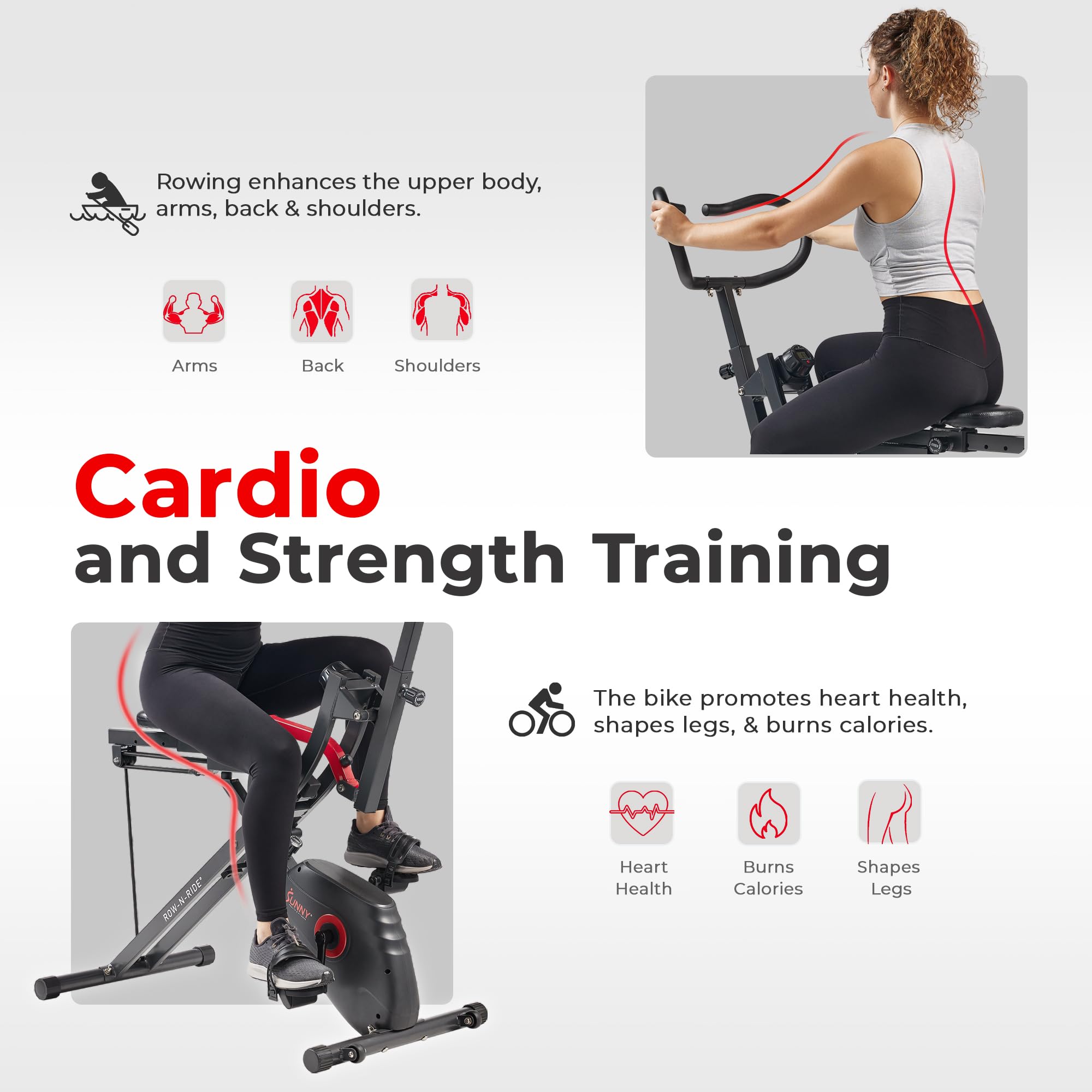 Sunny Health & Fitness Row-N-Ride PRO Full Body Workout Machine with Resistance Bands - Home Gym Equipment for Cardio, Squats & Ab Exercises | Connects to SunnyFit App | Perfect for Small Spaces & Home Fitness Routines