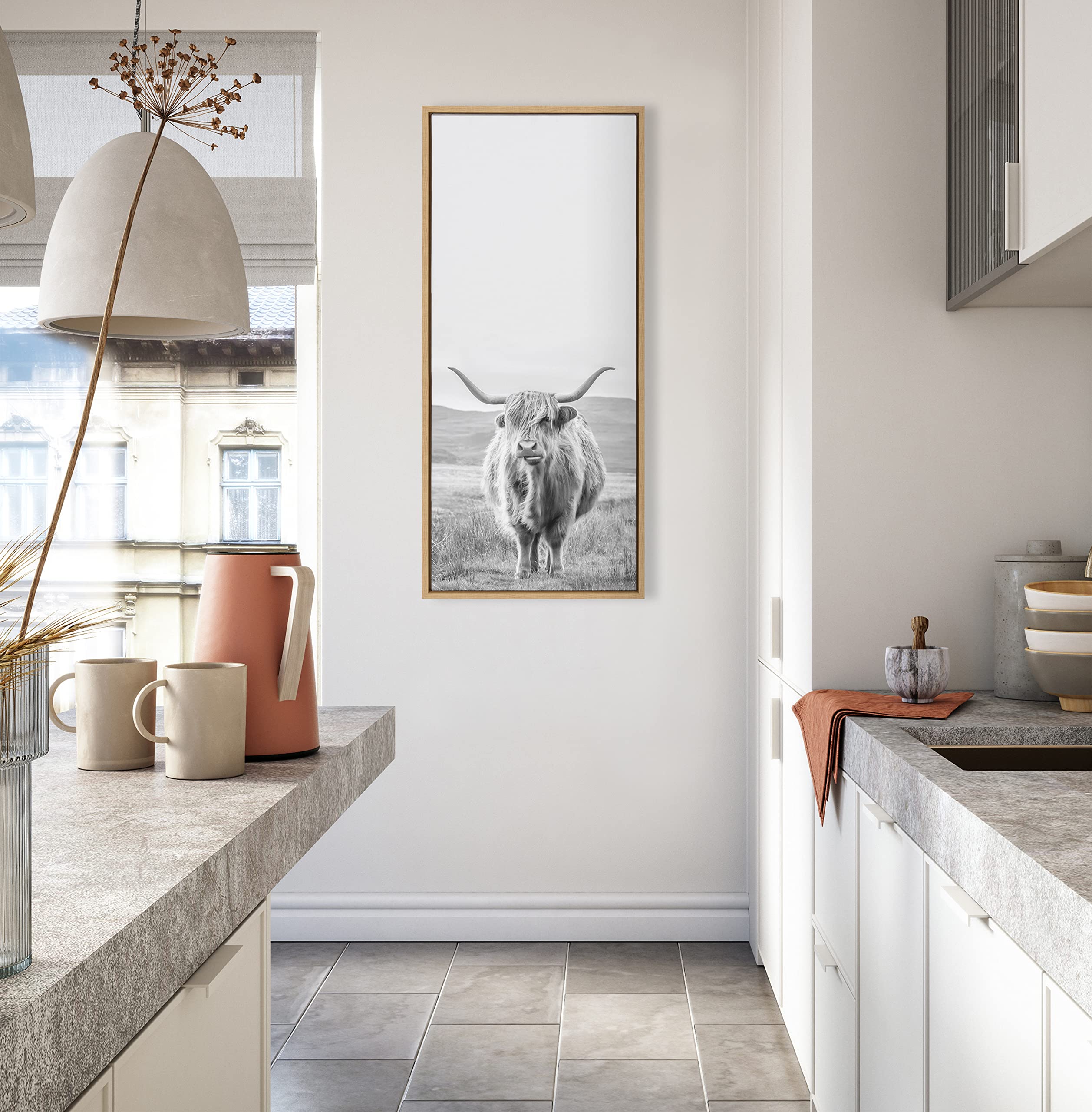 Highland Cow Mountain Landscape Black & White Framed Canvas Wall Art - 18x40 Inch Farmhouse Decor for Living Room, Bedroom & Office | Kate and Laurel Sylvie by The Creative Bunch Studio