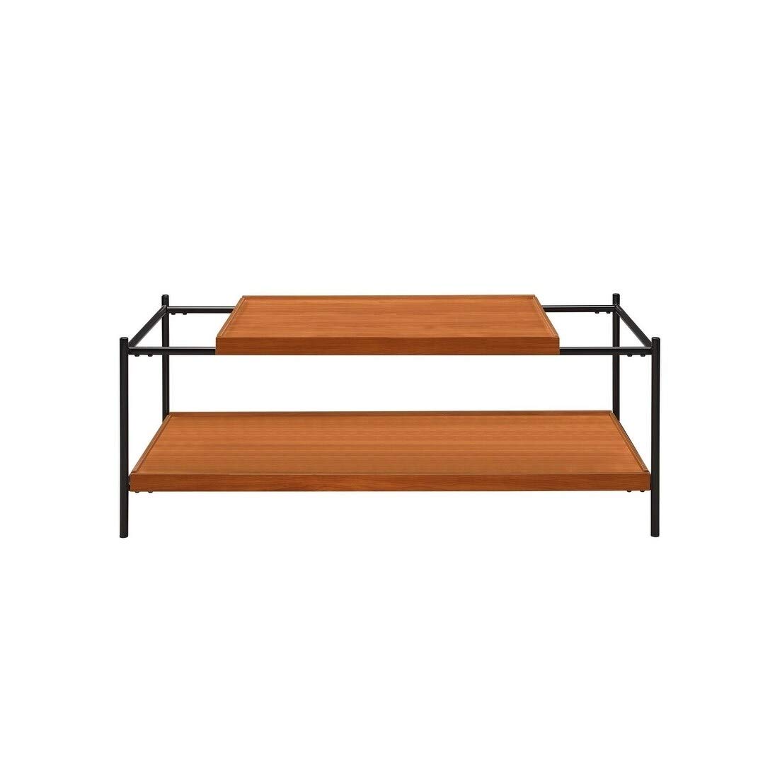 Solid Oak Rectangular Coffee Table with Metal Frame - Transitional Style MDF Shelf in Brown & Black - Perfect for Living Room, Office, or Lounge Area