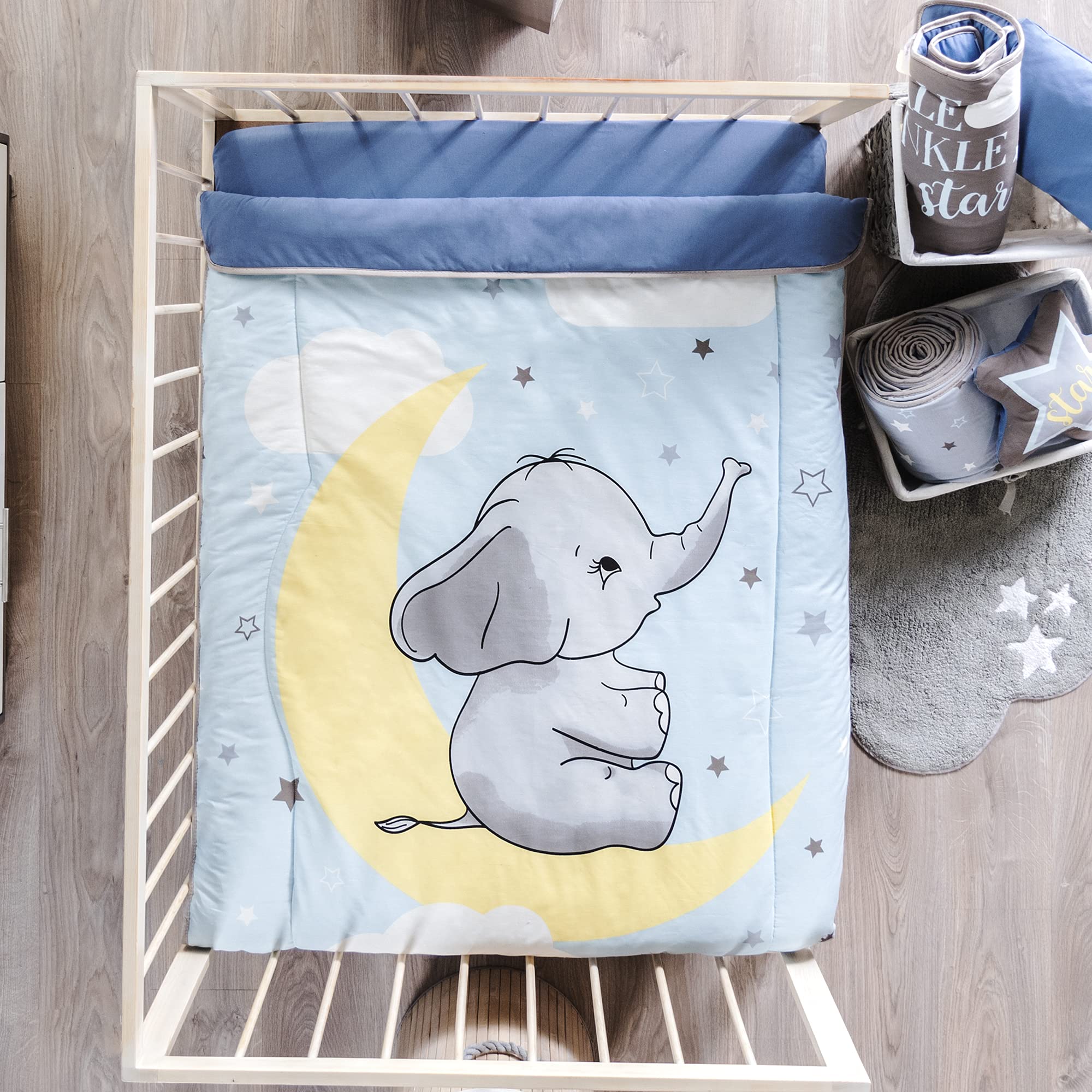 Boys Safari Elephant Bedding Set | 4-Piece Nursery Collection with Crib Comforter, Fitted Sheet, Toss Pillow & Pillowcase | Jungle-Themed Baby Room Decor for Nursery, Toddler Bed & Gift