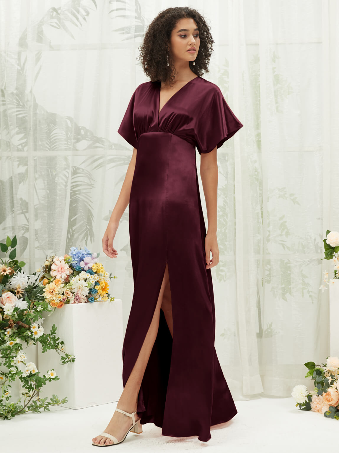 Elegant Cabernet V-Neck Short Sleeve Satin Maxi Bridesmaid Dress with High Slit - Perfect for Weddings, Formal Events & Evening Parties