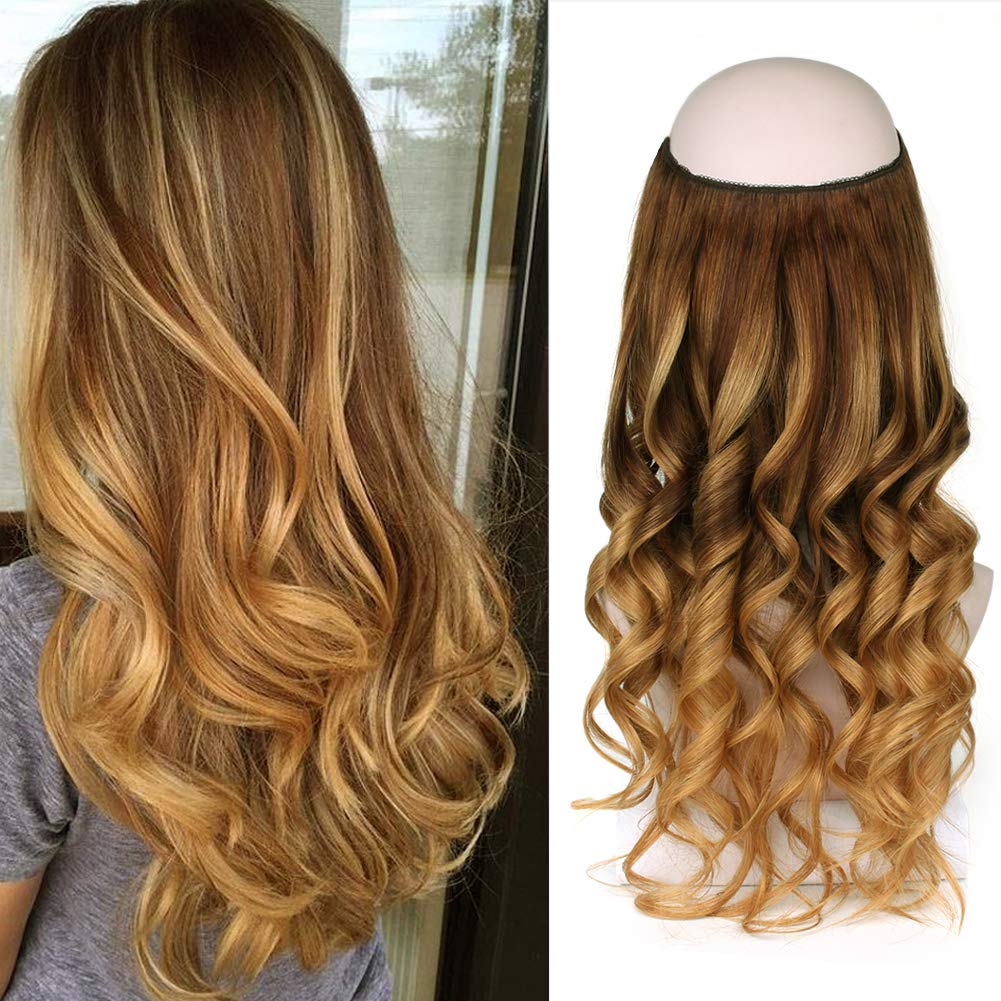 Sassina Invisible Wire Hair Extensions - 100% Real Human Hair with Transparent Wire, Adjustable Size & Secure Clips, Natural Straight Secret Miracle Hairpiece (14 Inch, 90g, Color #B4-27) - Perfect for Daily Wear, Parties & Special Occasions