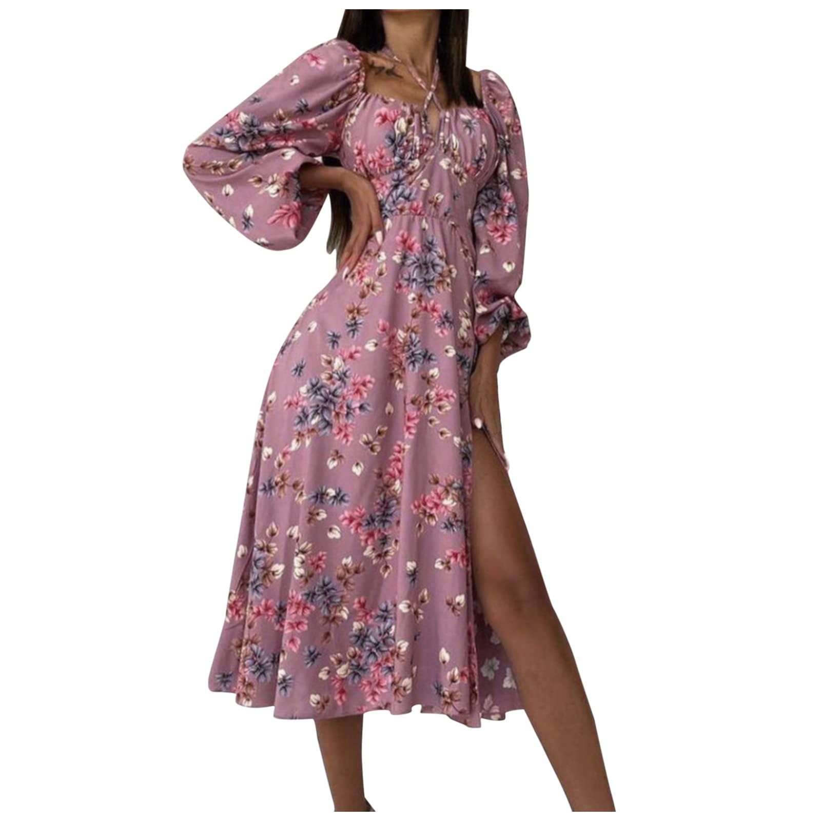 Women's Floral Boho Print Maxi Dress - Halter Neck Long Sleeve Split Hem Spring Summer Dress for Beach, Vacation & Casual Wear