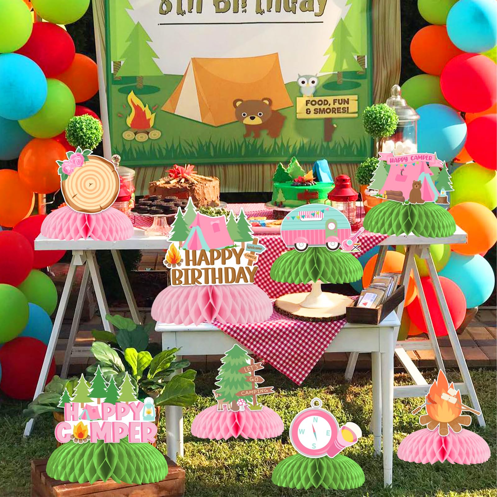 JOYMEMO 8-Piece Camping Birthday Honeycomb Centerpieces - 3D Table Decor for Girls' Campfire Themed Parties | Outdoor Adventure Welcome Camper Decorations | Perfect for Birthday Photo Props & Camping-Themed Celebrations
