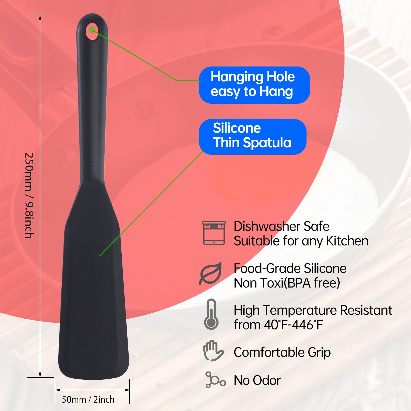 2-Pack Heat-Resistant Silicone Thin Spatula Set - Nonstick Omelet Turner, Pancake & Crepe Spatula for Cooking Eggs, Cakes, Pizza & Steak - Perfect for Nonstick Cookware, Baking & Breakfast Prep (Black)