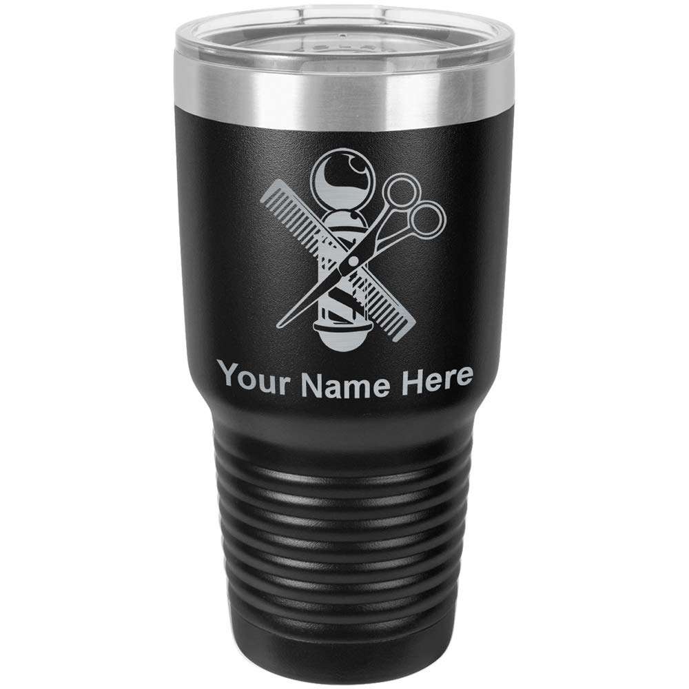 LaserGram 30oz Vacuum Insulated Stainless Steel Tumbler Mug with Barber Shop Pole Design - Personalized Engraving Included (Black) - Perfect for Coffee, Tea & Cold Drinks at Home, Office or Gym