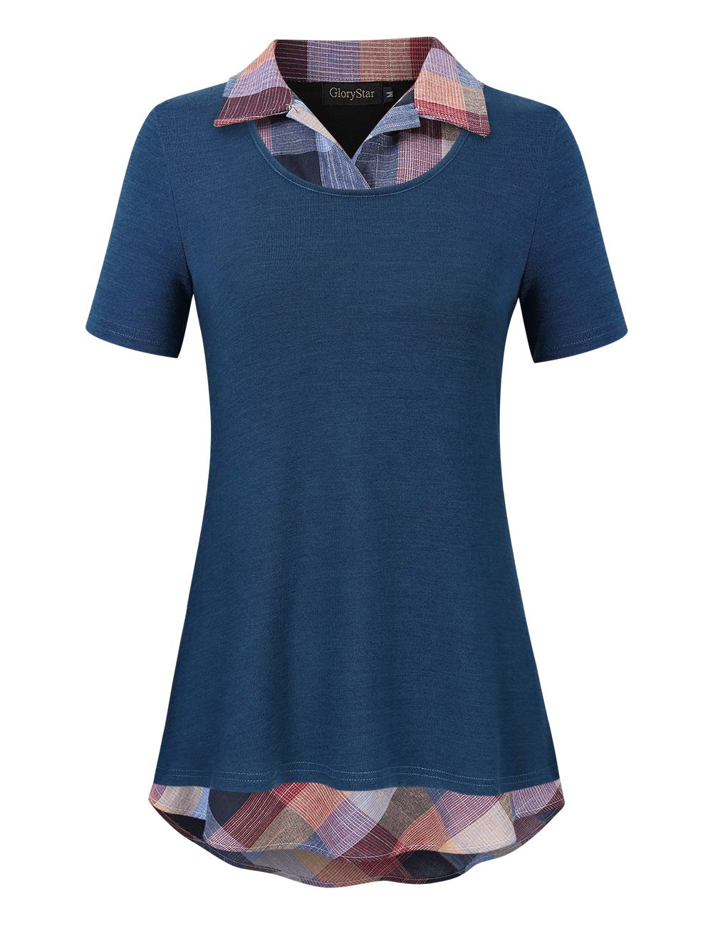 GloryStar Women's Long Sleeve Patchwork Blouse with Contrast Collar - Elegant Work Tunic Top for Office, Business Casual & Fall Fashion