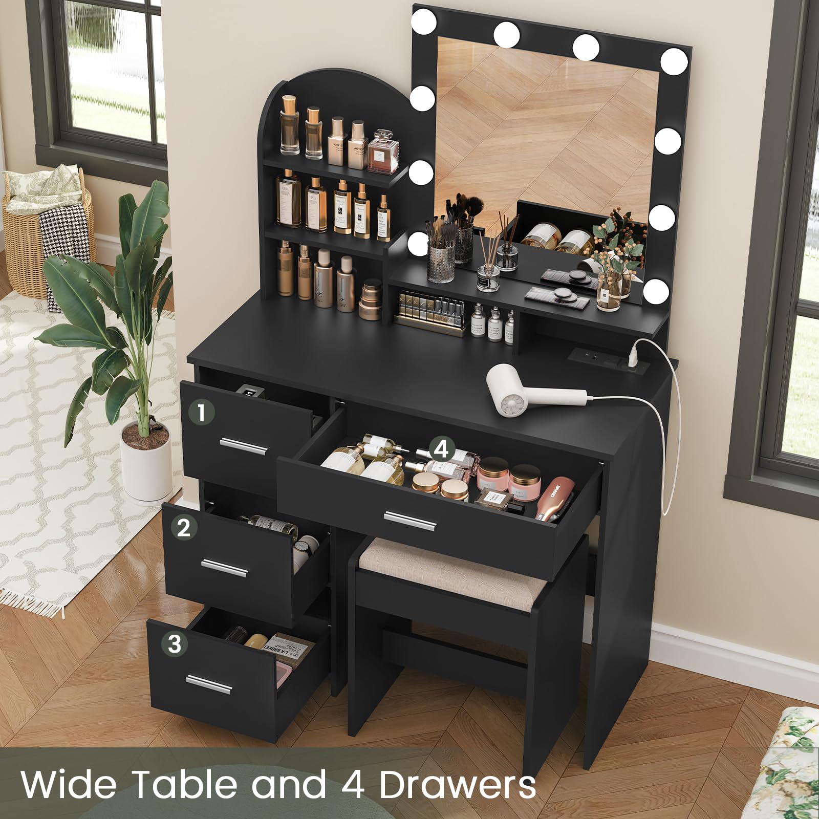 Quimoo Vanity Desk with Mirror & 10 LED Lights - Makeup Vanity Set with Charging Station, 4 Drawers & Shelves - Vanity Table with Cushioned Stool for Bedroom, Black - Perfect for Makeup Application, Skincare Routine & Home Decor