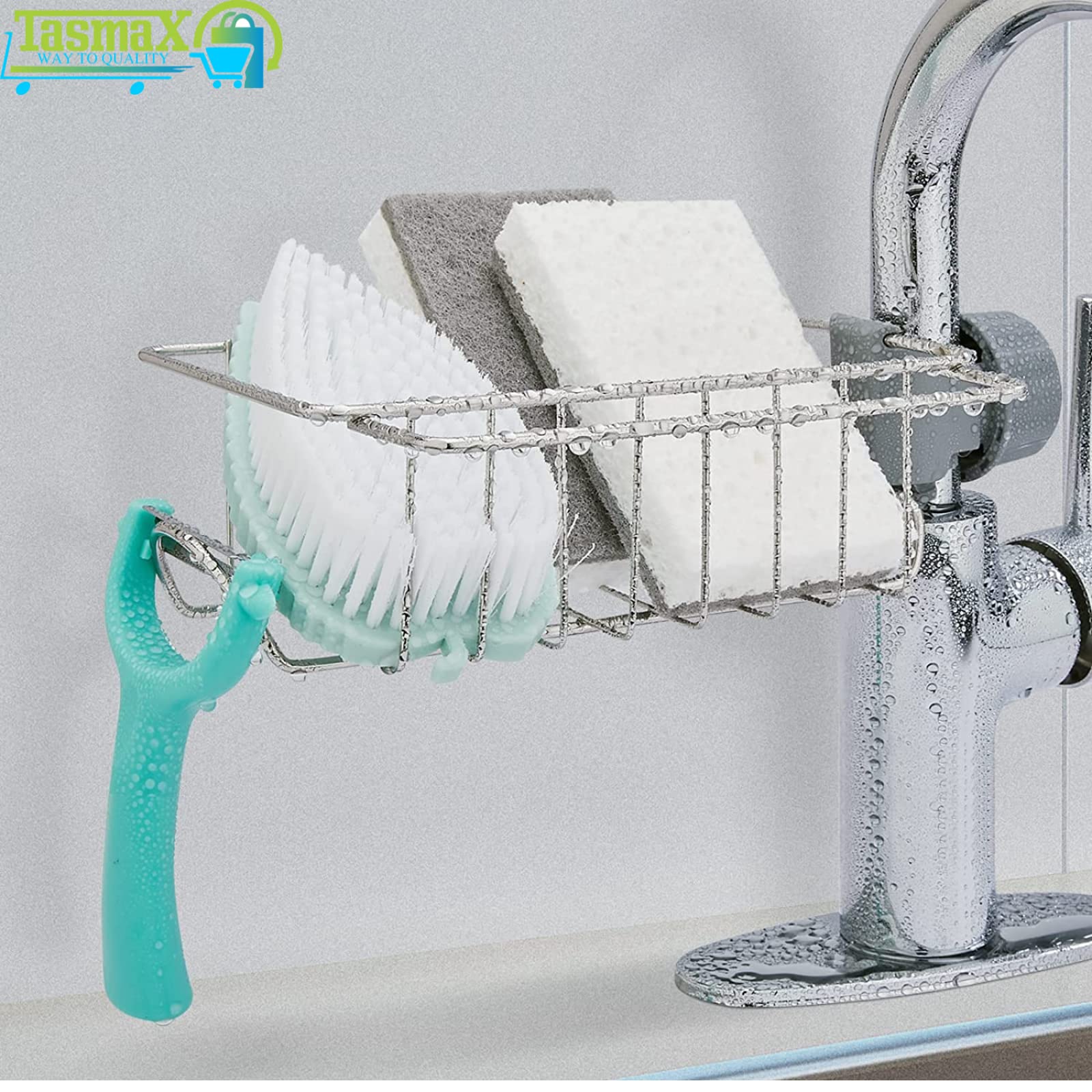 Stainless Steel Kitchen Sink Soap Holder & Sponge Rack - Rustproof Faucet Mount Organizer for Dish Soap, Sponges & Brushes | Perfect for Small Spaces, RV Sinks & Clutter-Free Kitchen Countertops